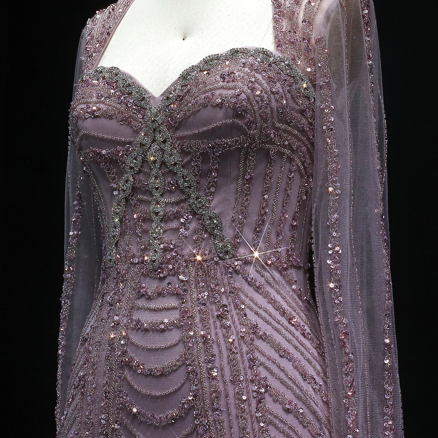 Luxury Beaded Blue Long Sleeve Evening Dress SS065