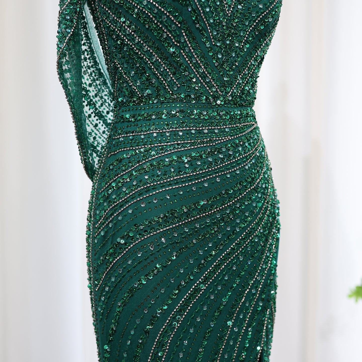 Luxury Beaded Silver Slit Mermaid Evening Dress with Cape SS035