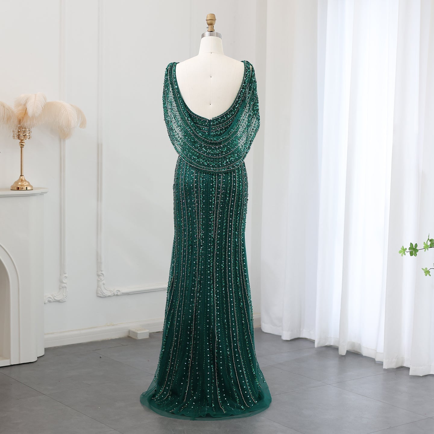 Luxury Beaded Silver Slit Mermaid Evening Dress with Cape SS035