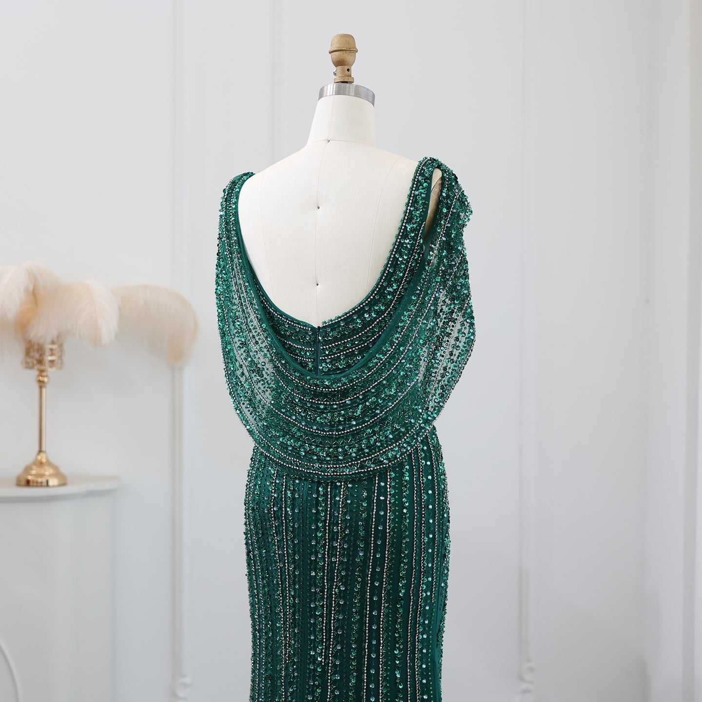 Luxury Beaded Silver Slit Mermaid Evening Dress with Cape SS035