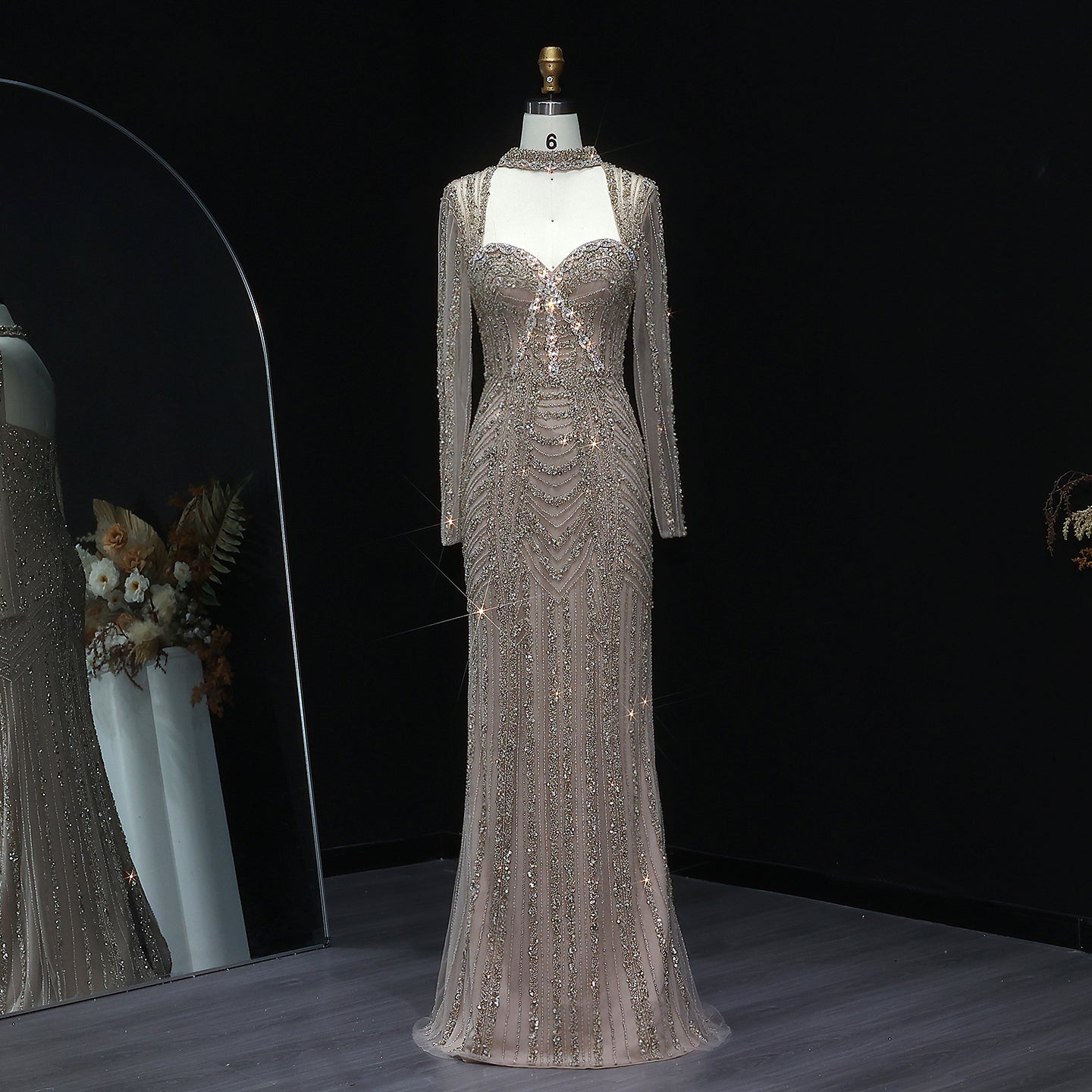 Luxury Beaded Blue Long Sleeve Evening Dress SS065  Champagne / US 18