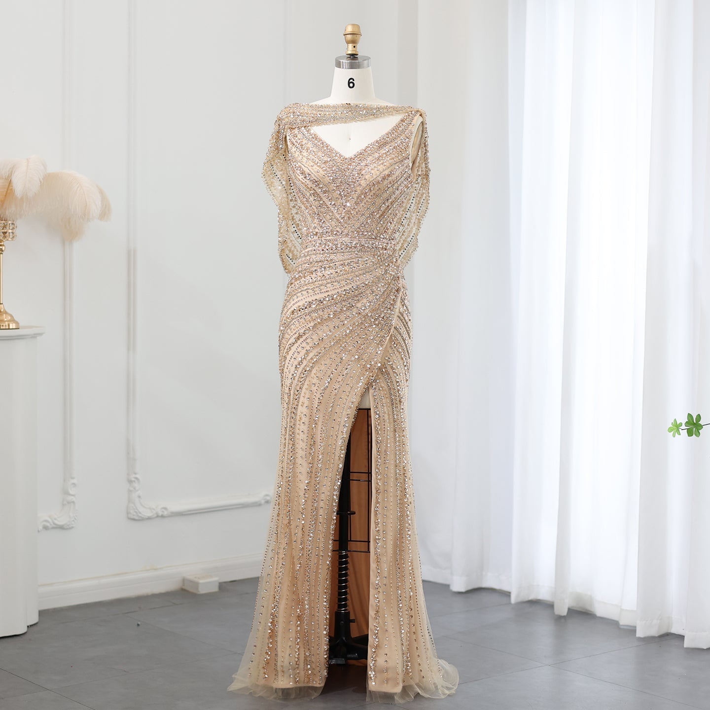 Luxury Beaded Silver Slit Mermaid Evening Dress with Cape SS035  Champagne / US 20