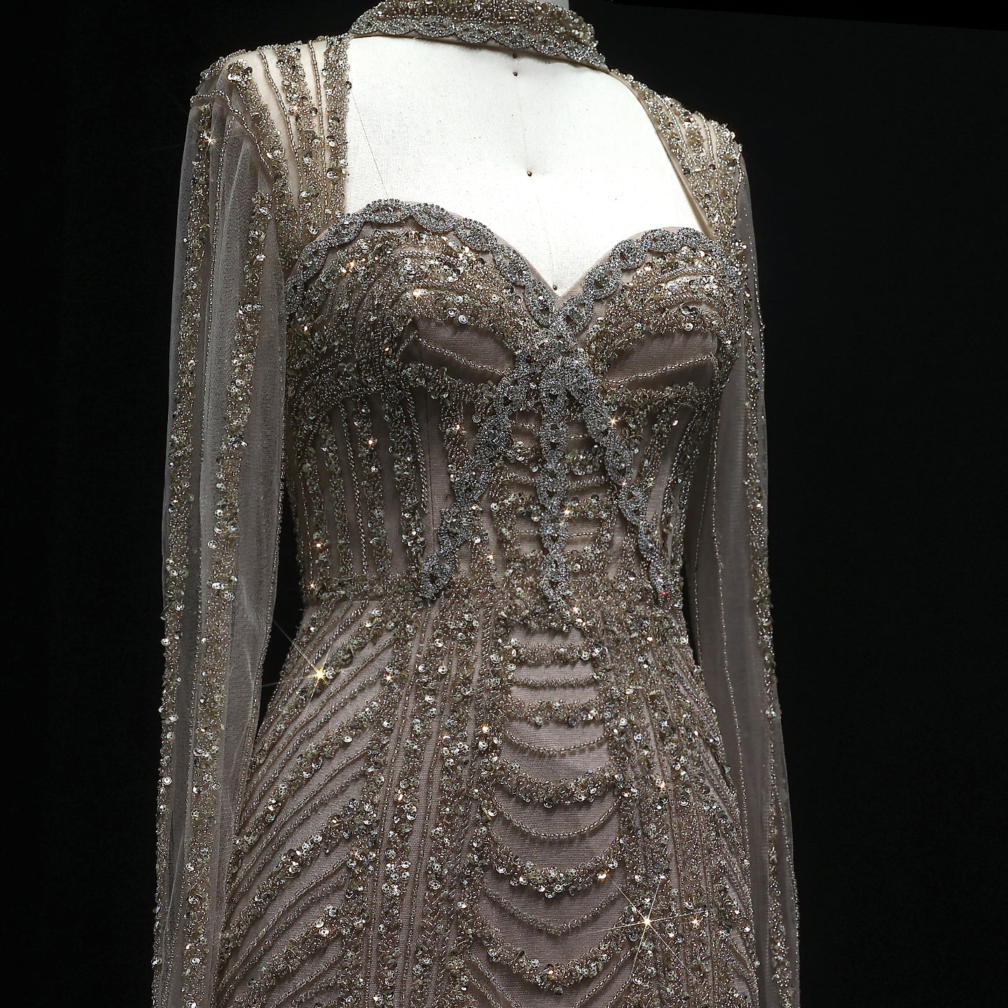 Luxury Beaded Blue Long Sleeve Evening Dress SS065