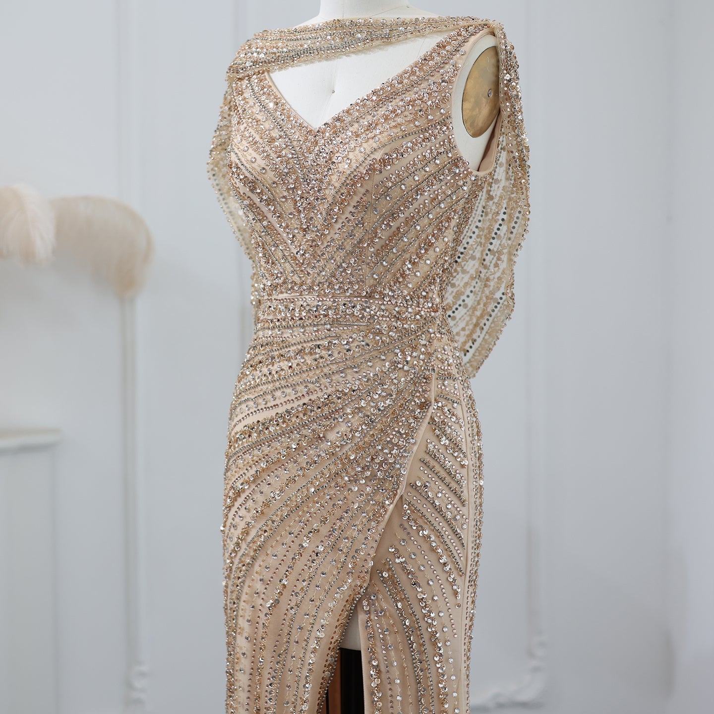 Luxury Beaded Silver Slit Mermaid Evening Dress with Cape SS035