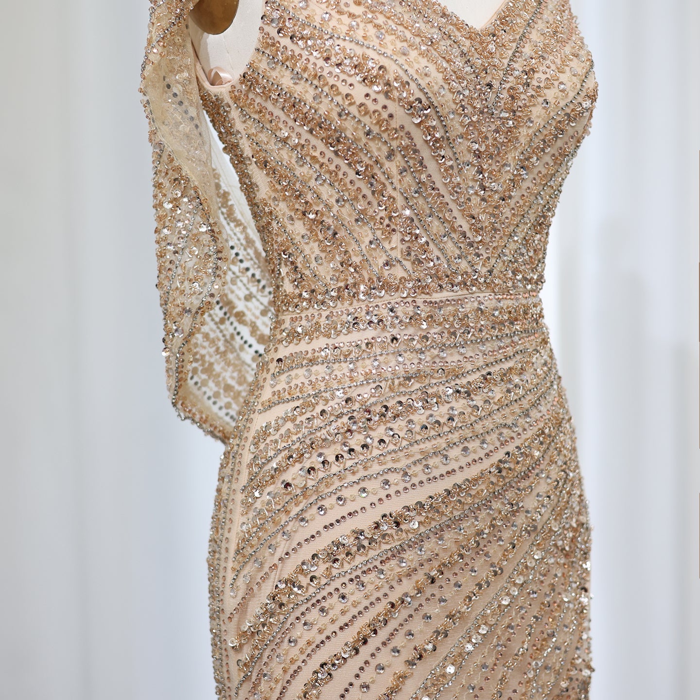 Luxury Beaded Silver Slit Mermaid Evening Dress with Cape SS035