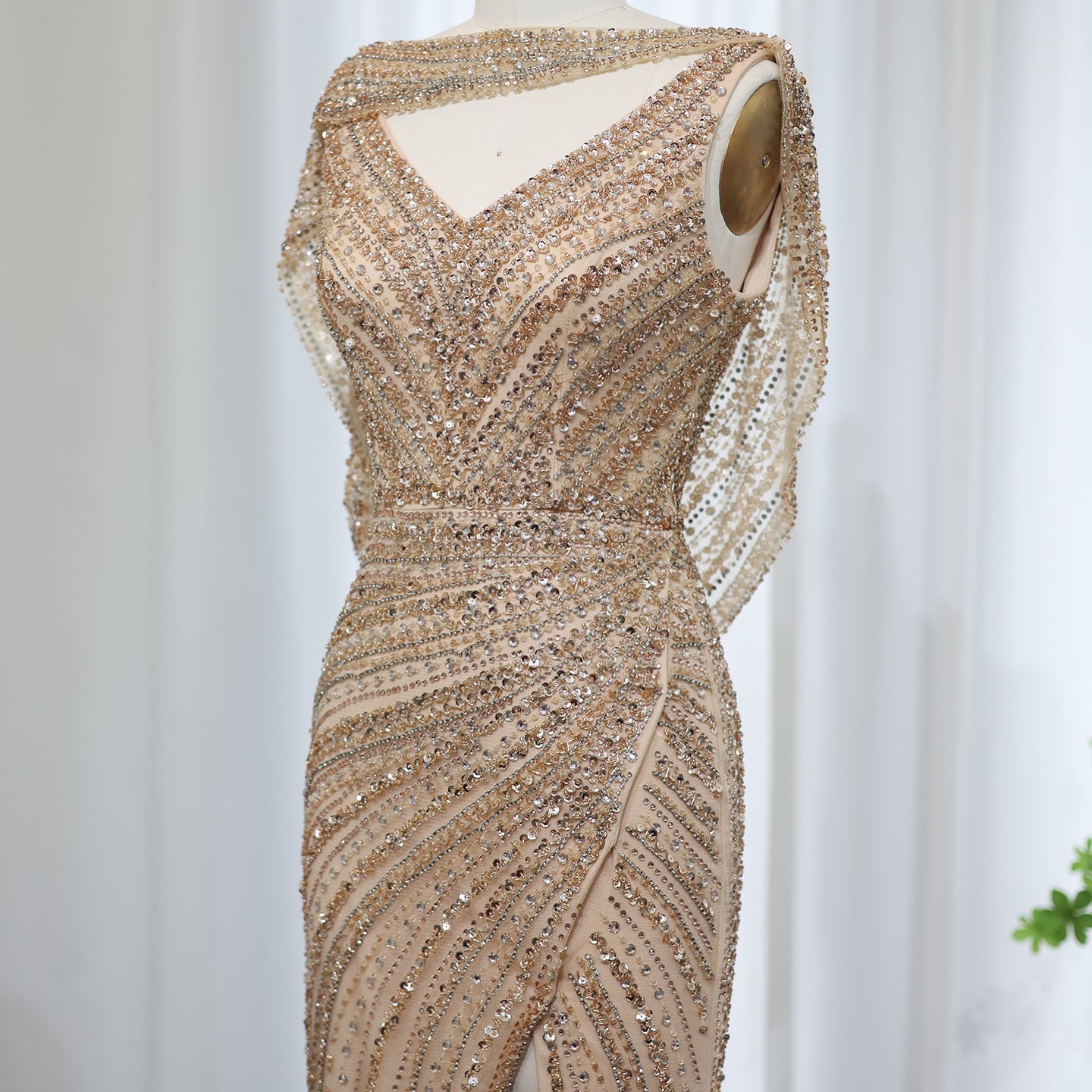 Luxury Beaded Silver Slit Mermaid Evening Dress with Cape SS035