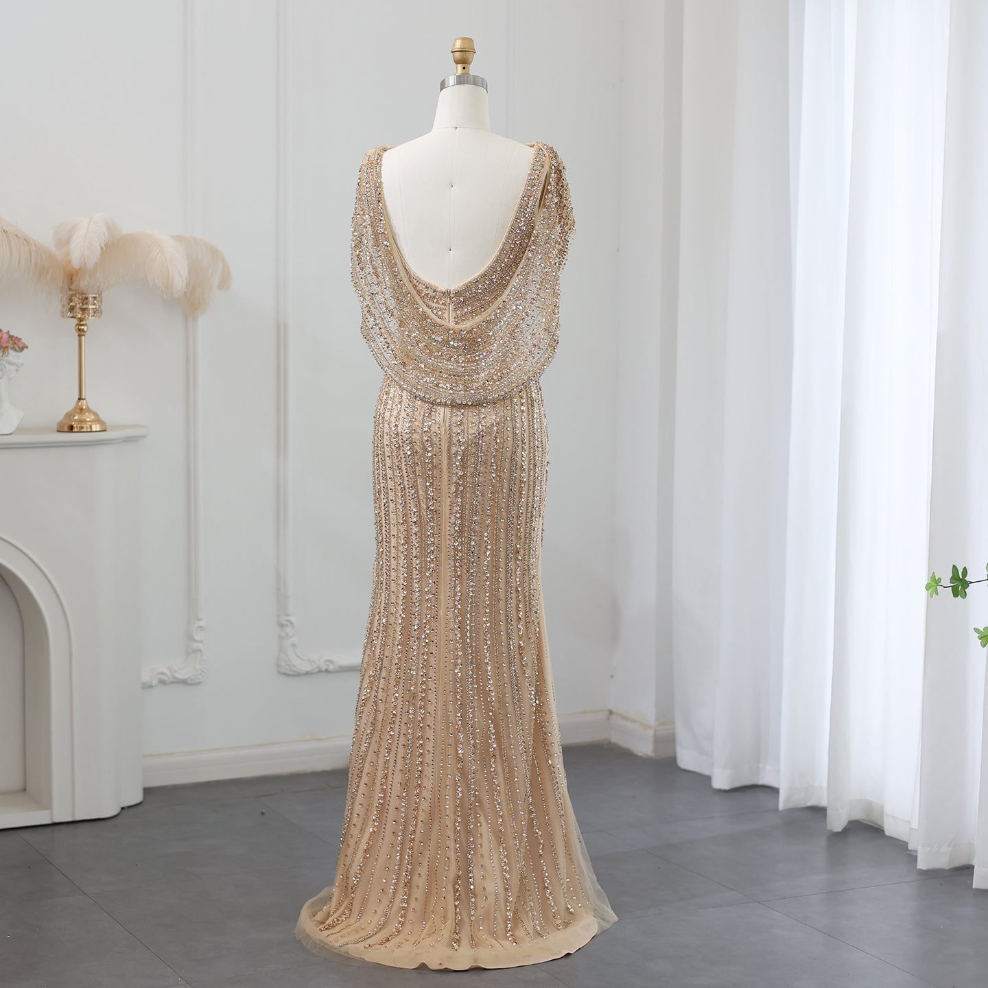 Luxury Beaded Silver Slit Mermaid Evening Dress with Cape SS035