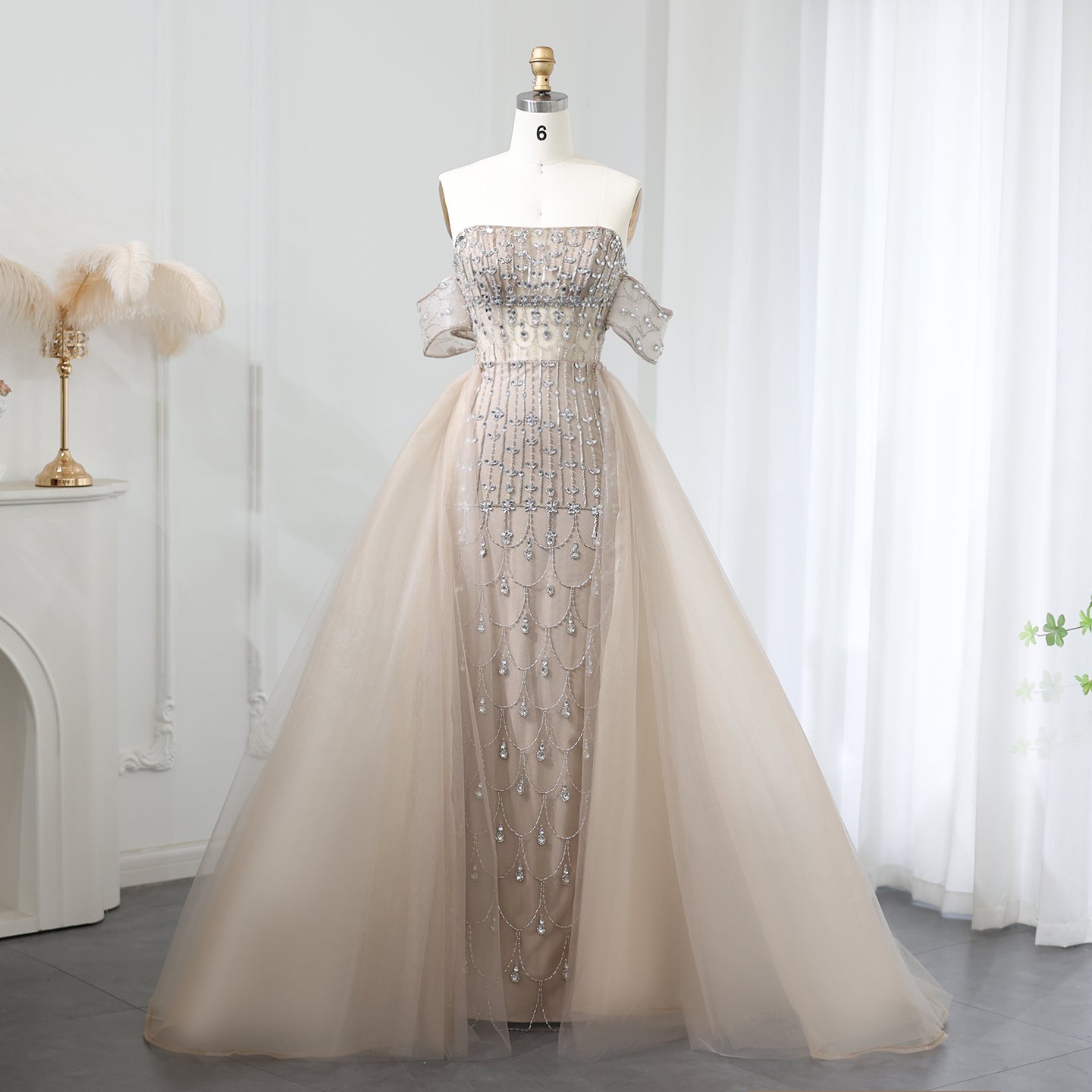 Luxury Champagne Evening Dress with Overskirt SS168  Champagne / US 16