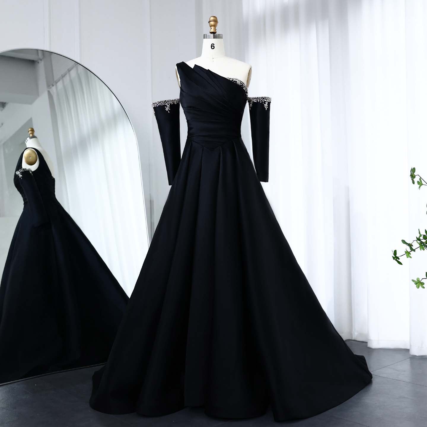 Elegant Black Satin Crystal One Shoulder Evening Dress SF272  Black / US 16