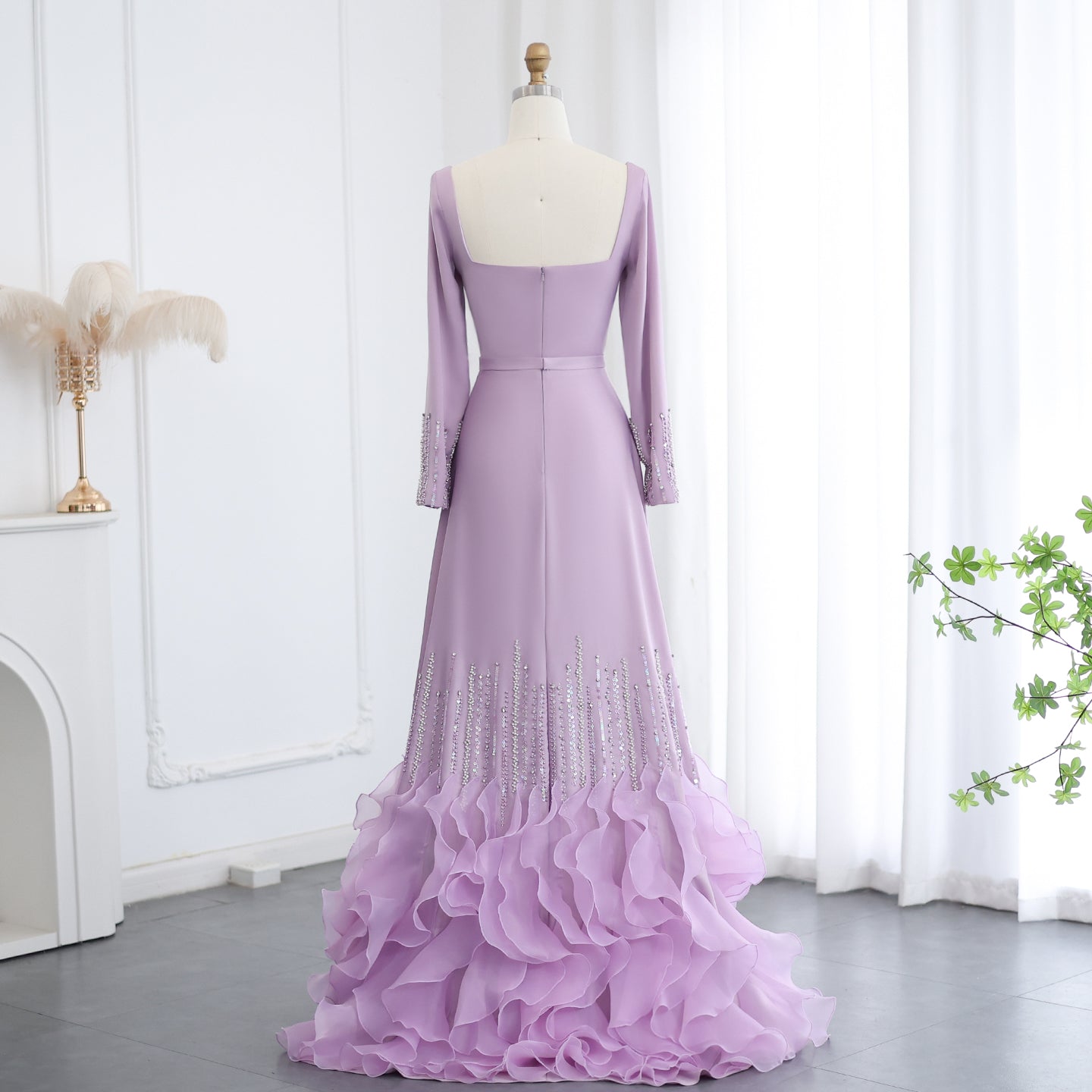 Luxury Lilac Ruffles Long Sleeve Evening Dress SS579