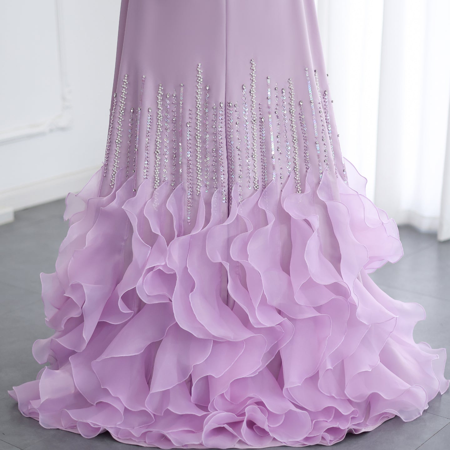 Luxury Lilac Ruffles Long Sleeve Evening Dress SS579