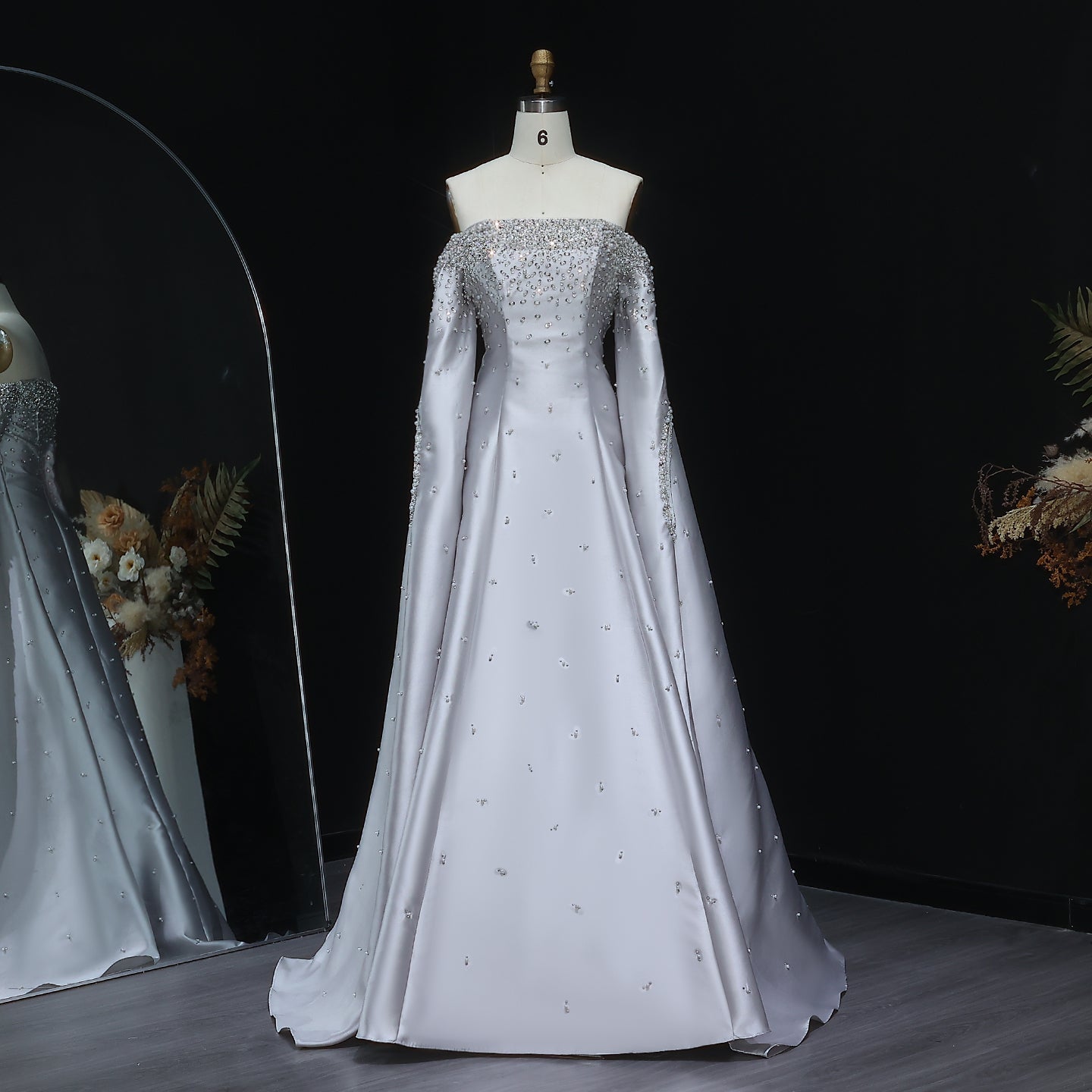 Luxury Off Shoulder Gray Arabic Evening Dress with Cape Sleeve SS575  Gray / US 20