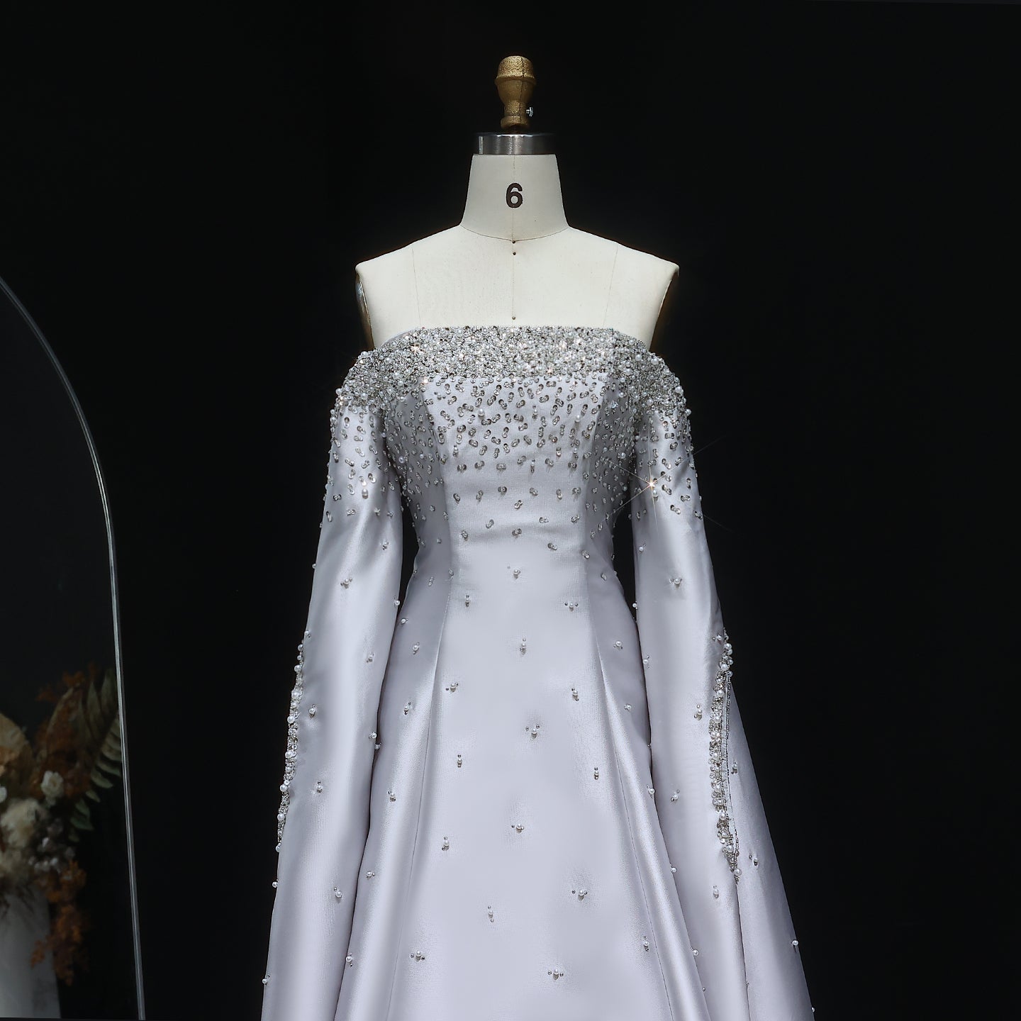 Luxury Off Shoulder Gray Arabic Evening Dress with Cape Sleeve SS575