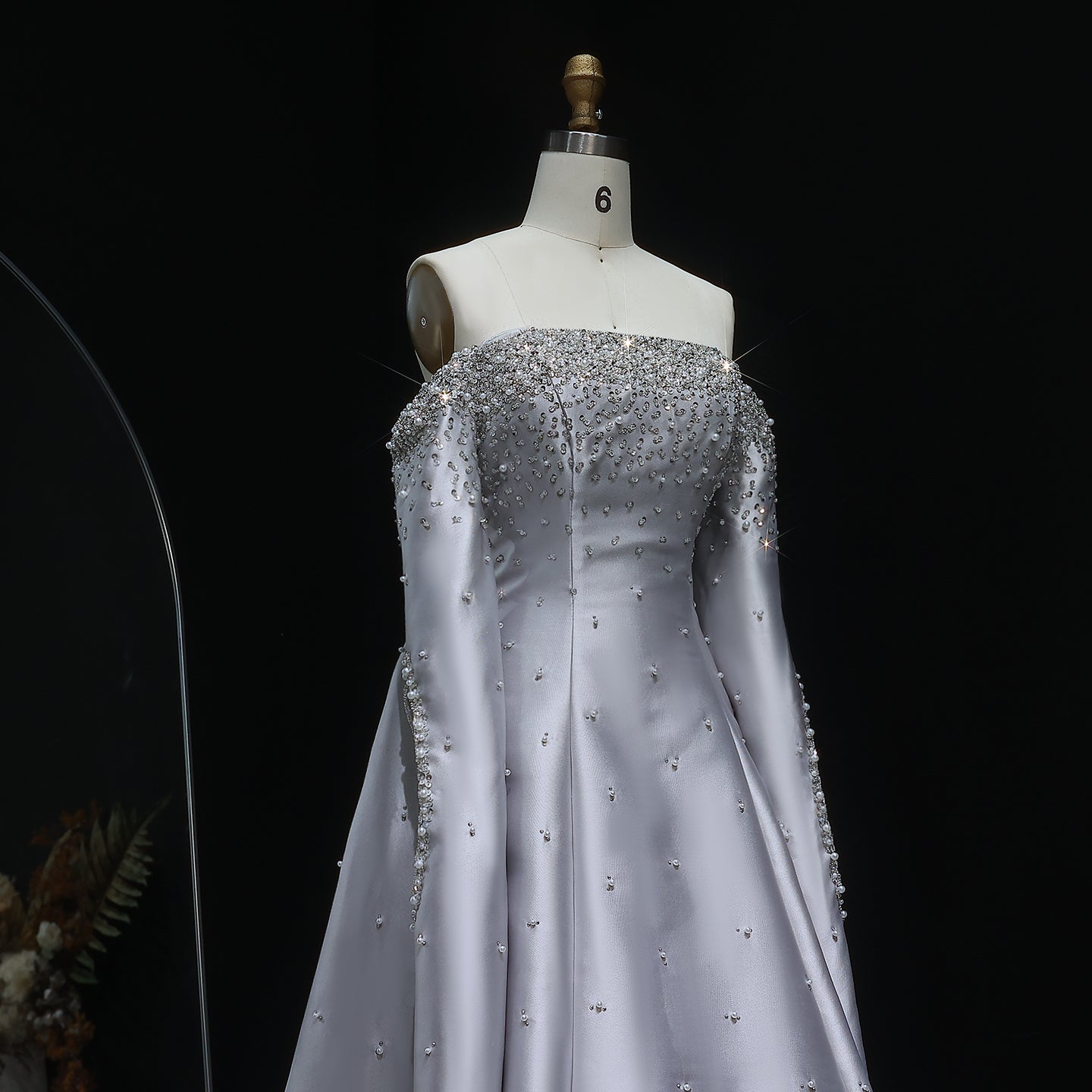 Luxury Off Shoulder Gray Arabic Evening Dress with Cape Sleeve SS575