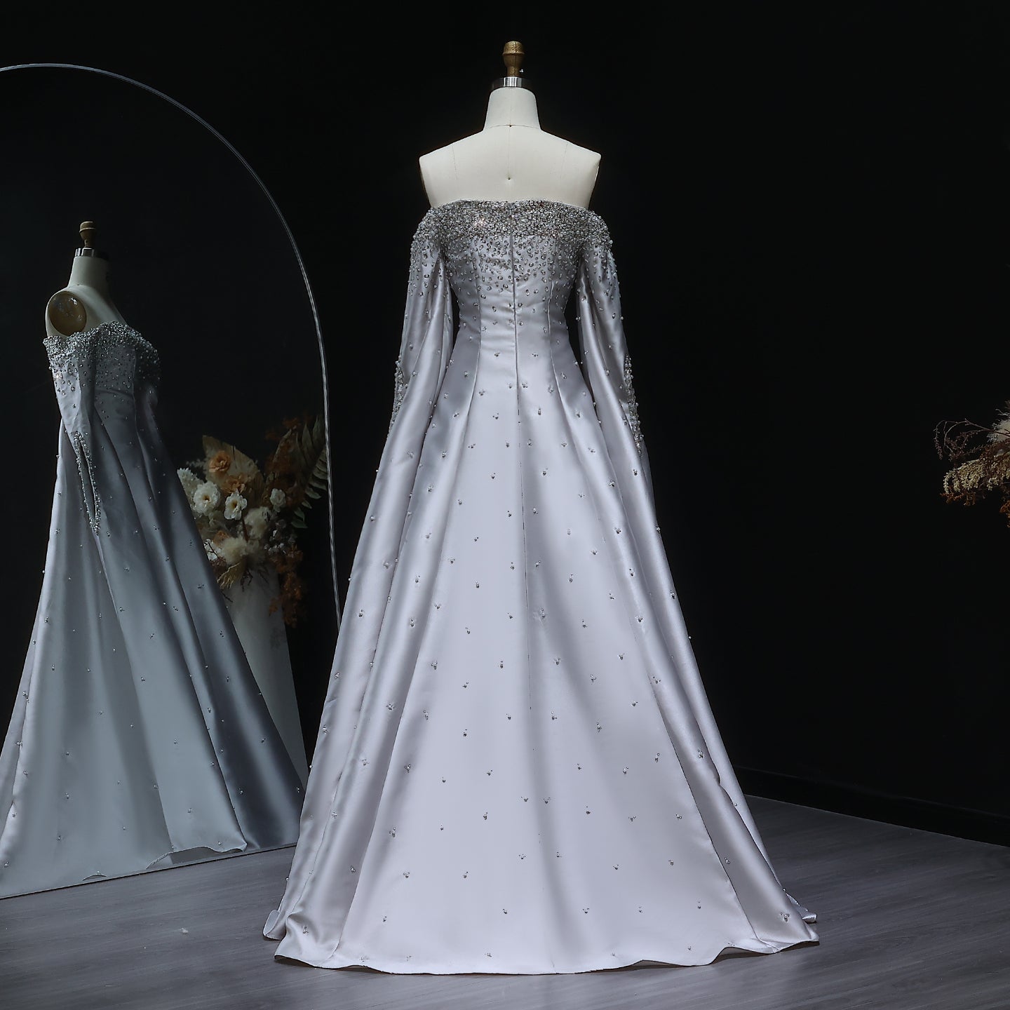 Luxury Off Shoulder Gray Arabic Evening Dress with Cape Sleeve SS575