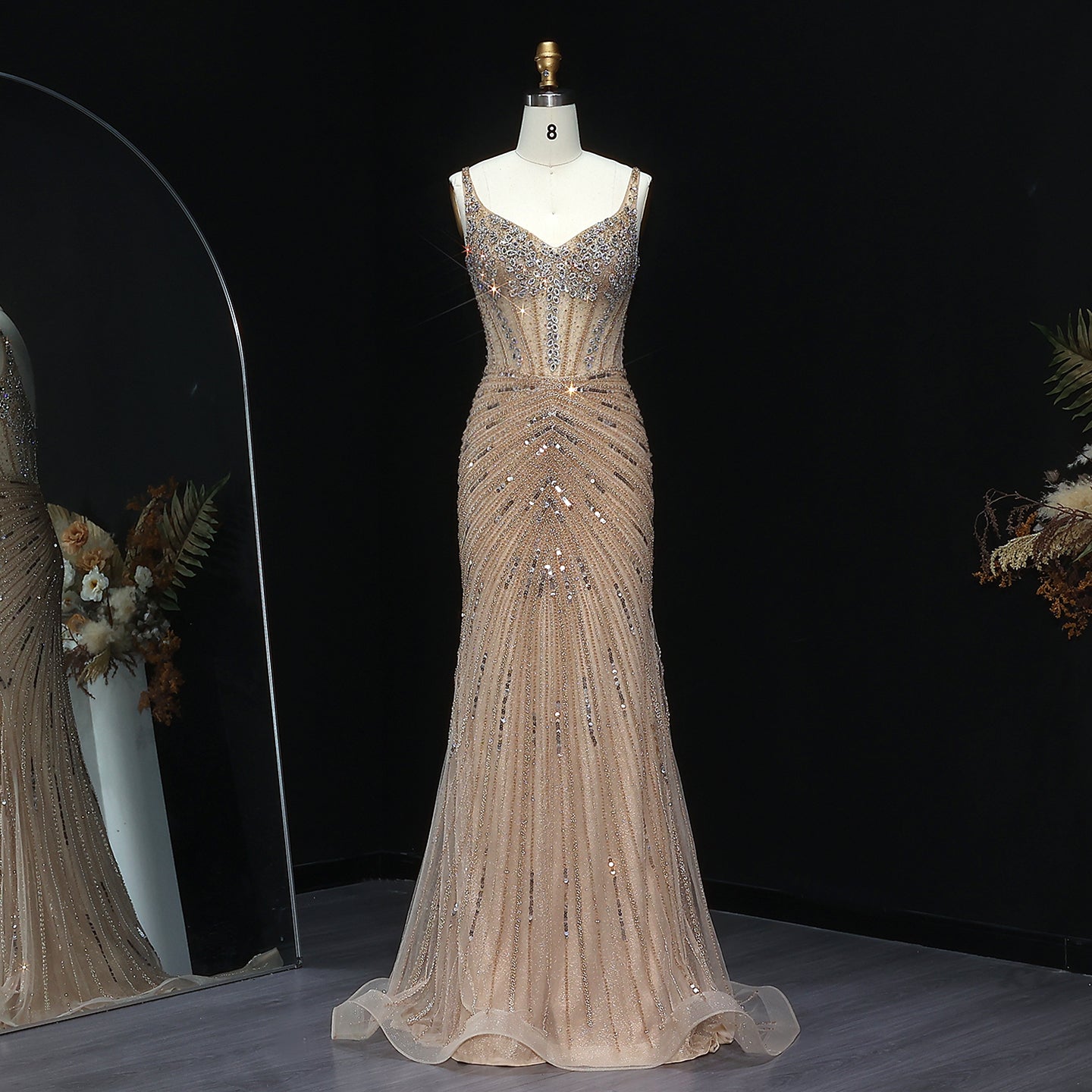 Luxury Champagne Spaghetti Beaded Evening Dress SS292
