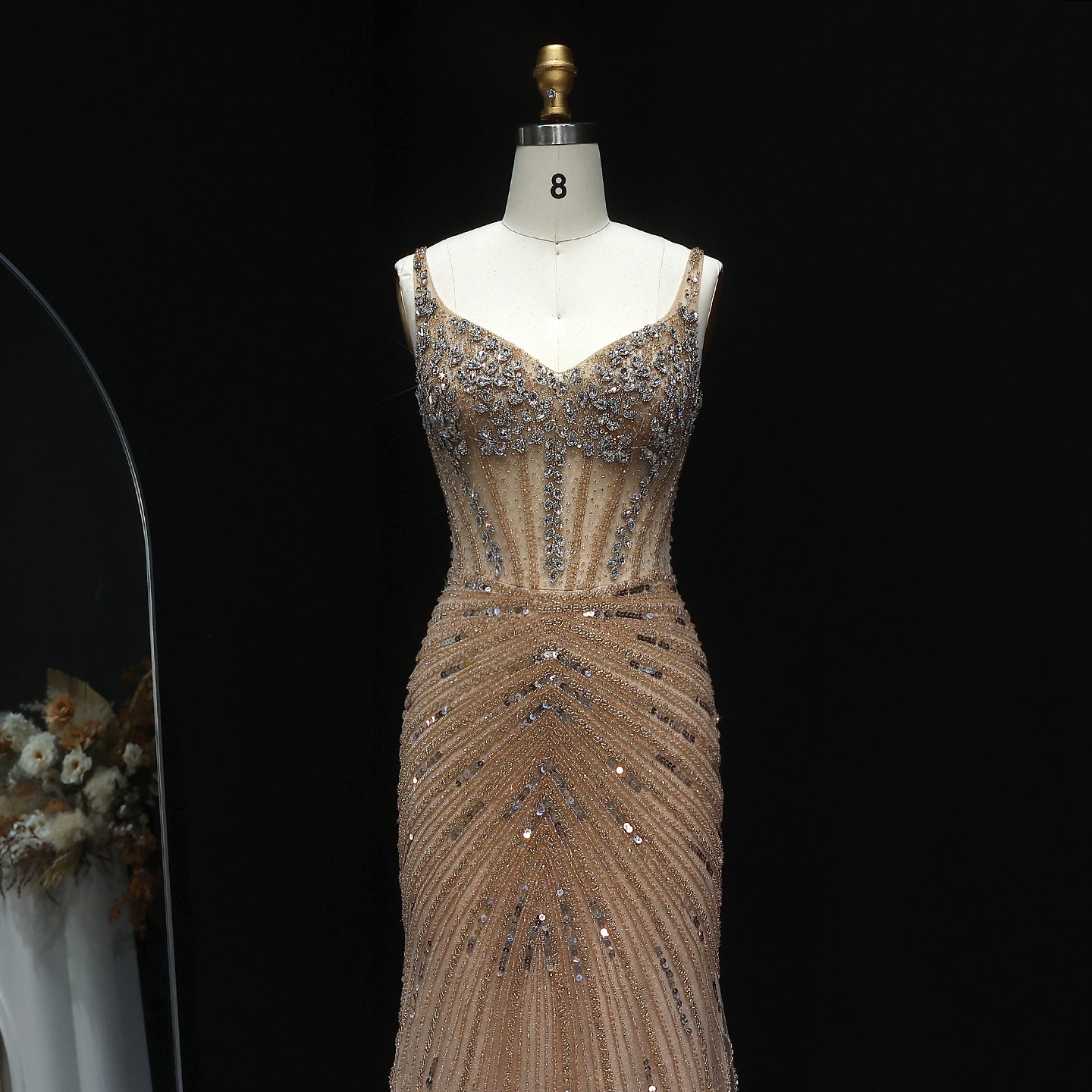 Luxury Champagne Spaghetti Beaded Evening Dress SS292