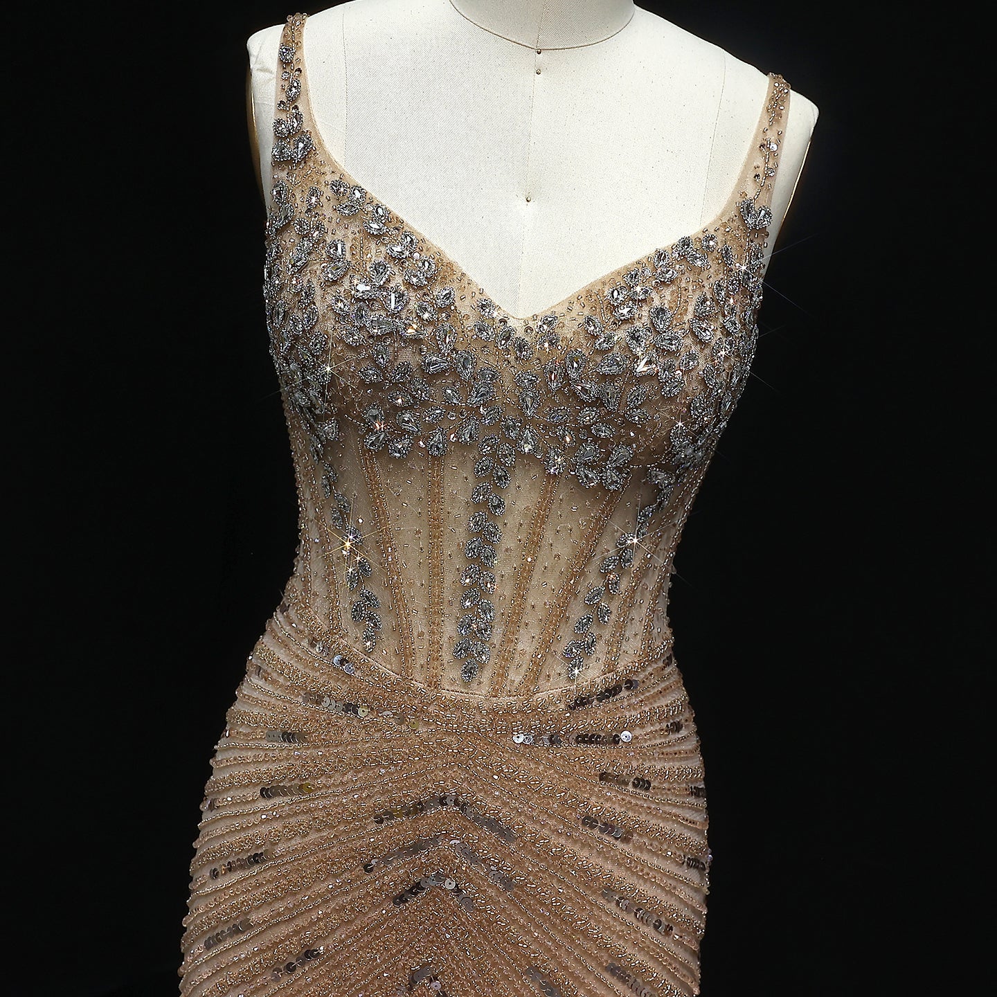 Luxury Champagne Spaghetti Beaded Evening Dress SS292