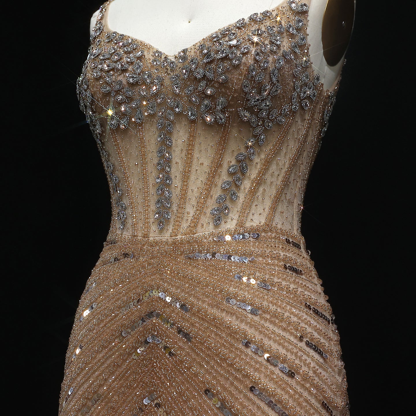 Luxury Champagne Spaghetti Beaded Evening Dress SS292