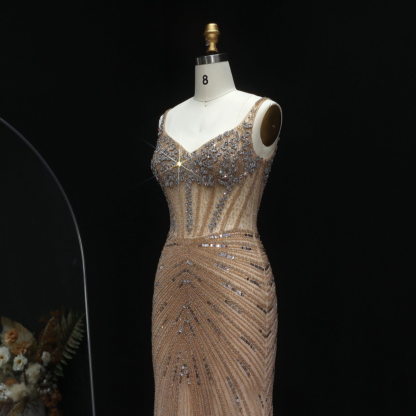 Luxury Champagne Spaghetti Beaded Evening Dress SS292