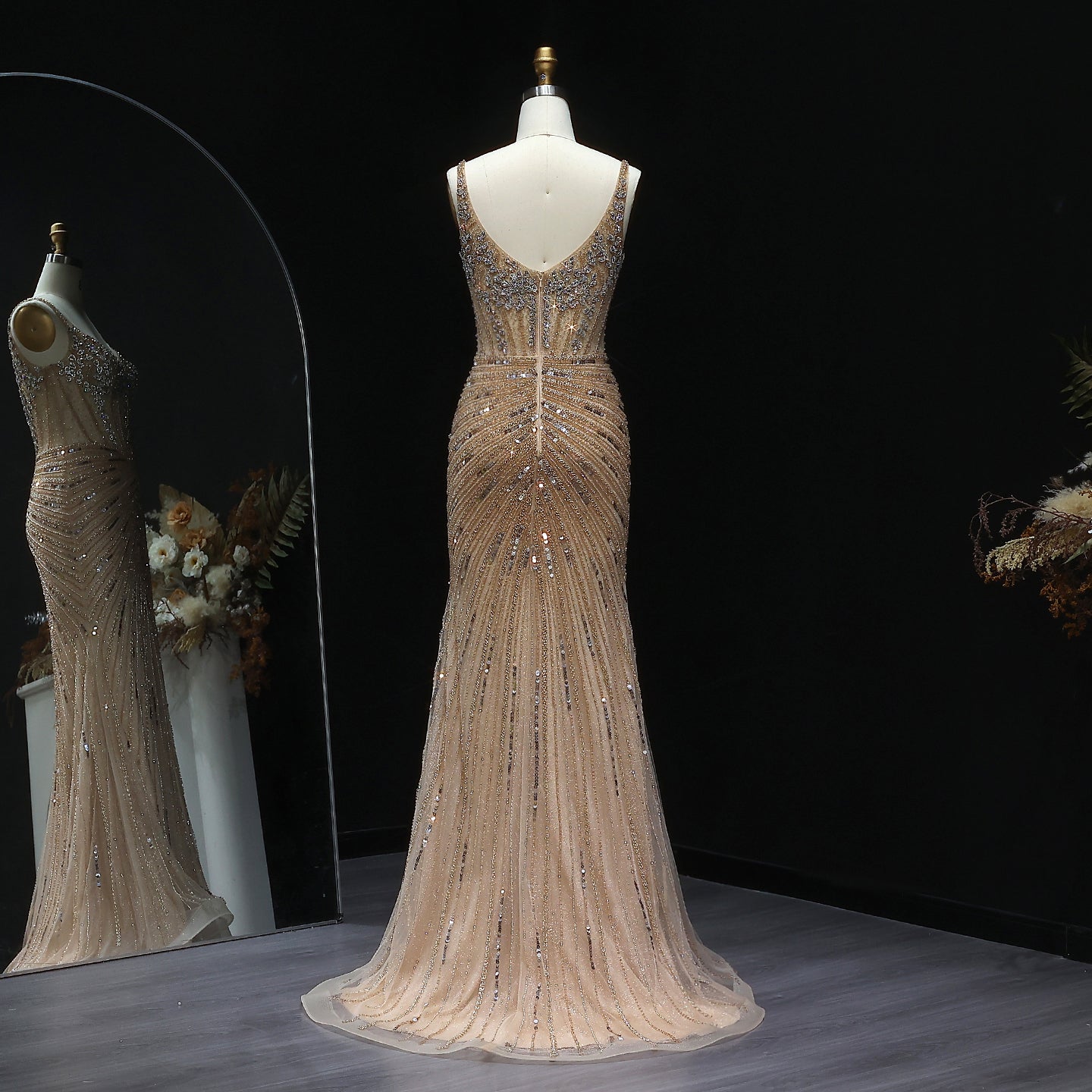 Luxury Champagne Spaghetti Beaded Evening Dress SS292