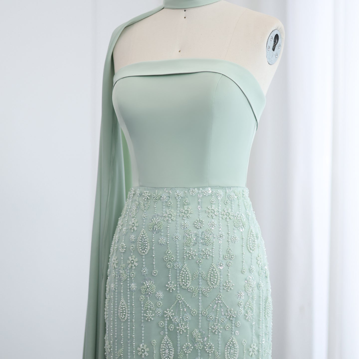 Luxury Sage Green Feathers Evening Dress with Scarf Cape SS014