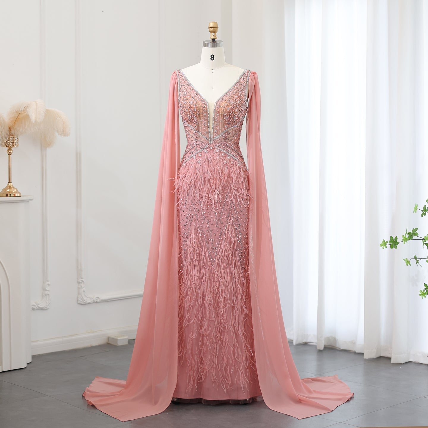 Luxury Feathers Blue Evening Dress with Cape Sleeves SS027  Pink / US 20