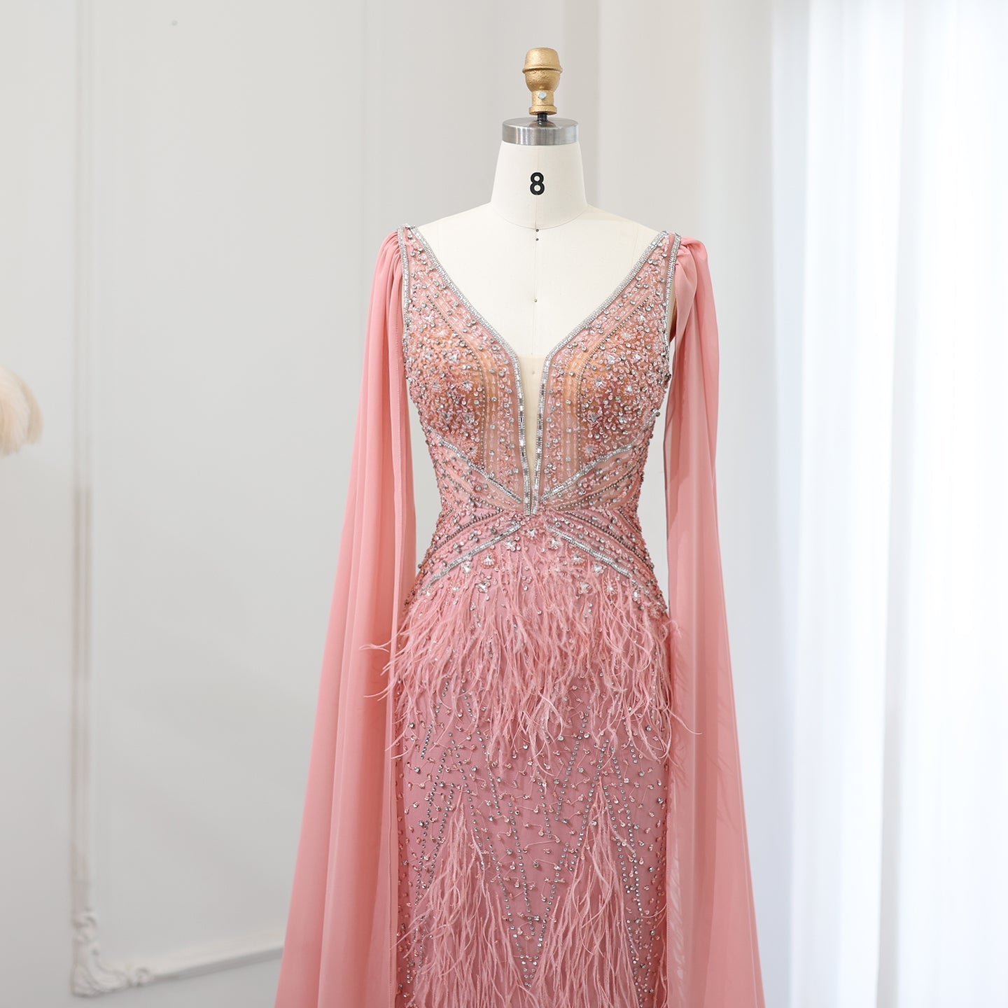 Luxury Feathers Blue Evening Dress with Cape Sleeves SS027