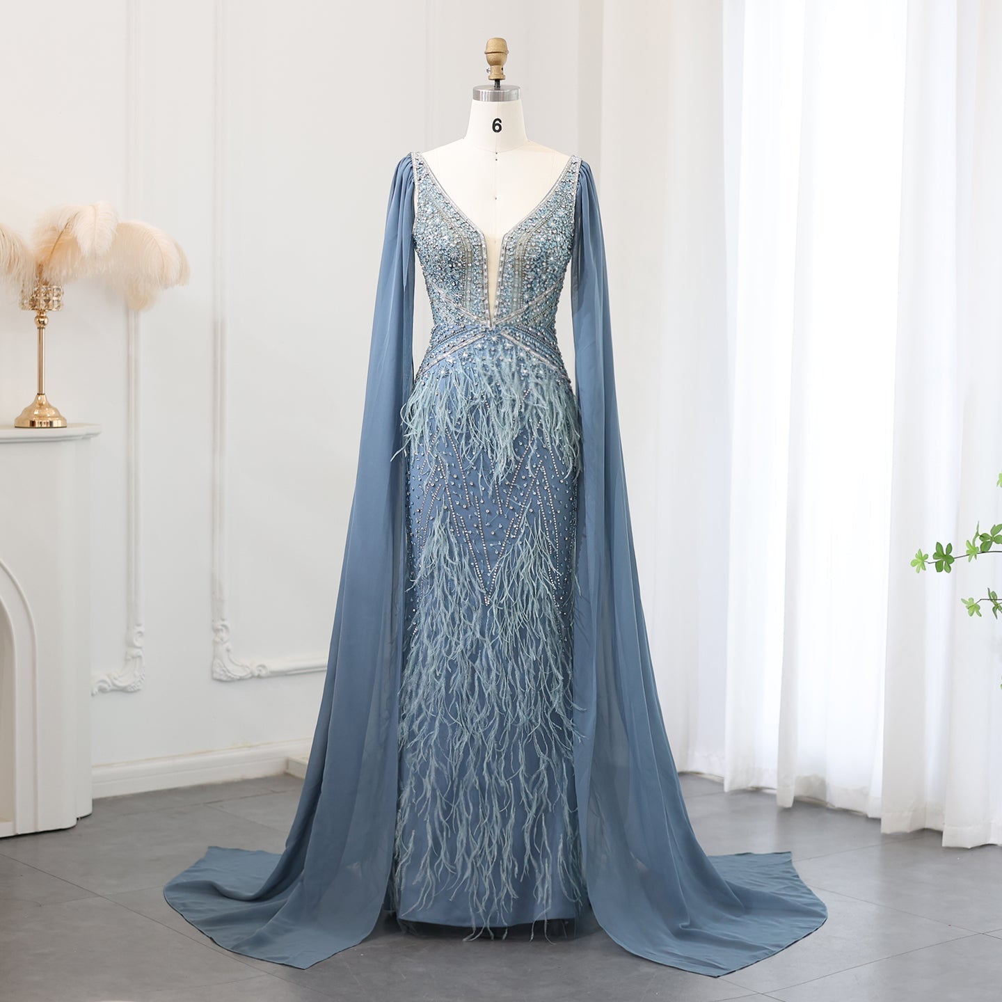 Luxury Feathers Blue Evening Dress with Cape Sleeves SS027  Blue / US 20