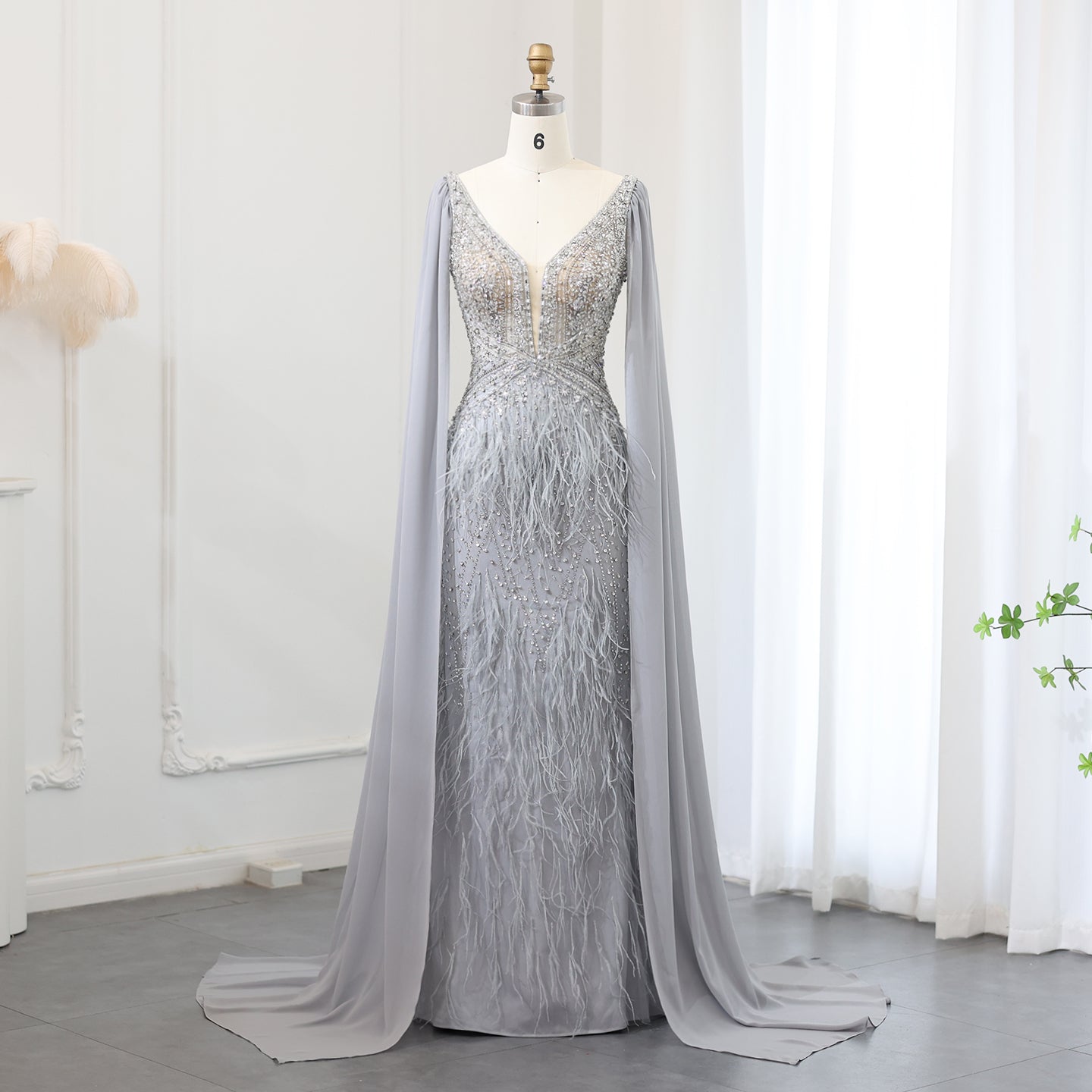 Luxury Feathers Blue Evening Dress with Cape Sleeves SS027  Gray / US 20