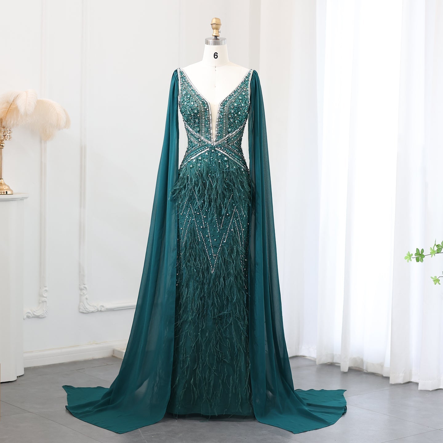 Luxury Feathers Blue Evening Dress with Cape Sleeves SS027  Green / US 20