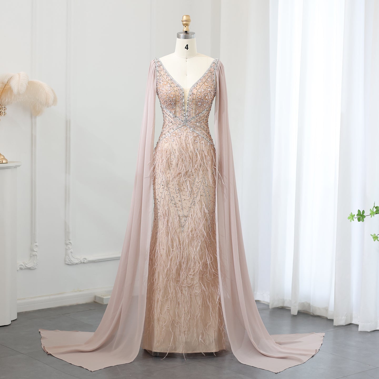 Luxury Feathers Blue Evening Dress with Cape Sleeves SS027