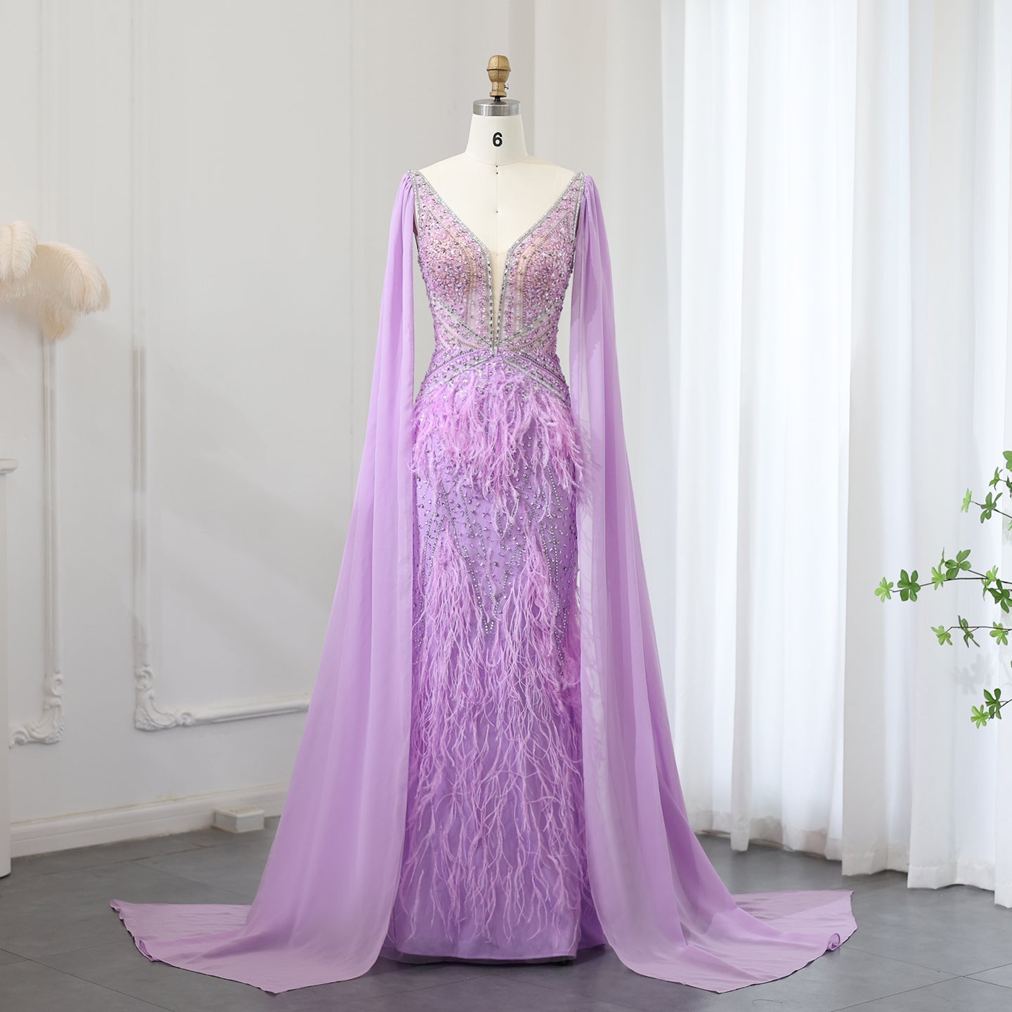 Luxury Feathers Blue Evening Dress with Cape Sleeves SS027  Lilac / US 20