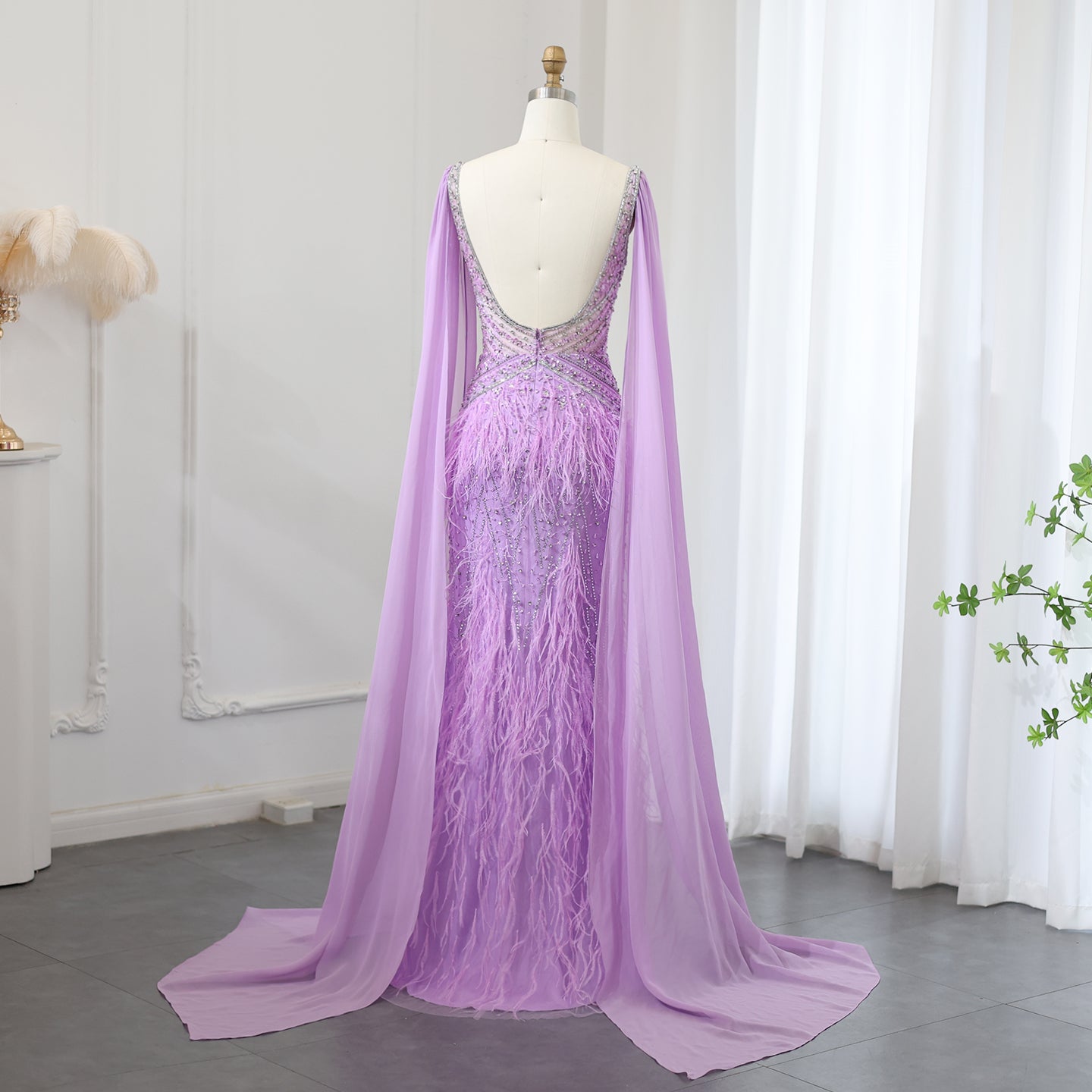 Luxury Feathers Blue Evening Dress with Cape Sleeves SS027