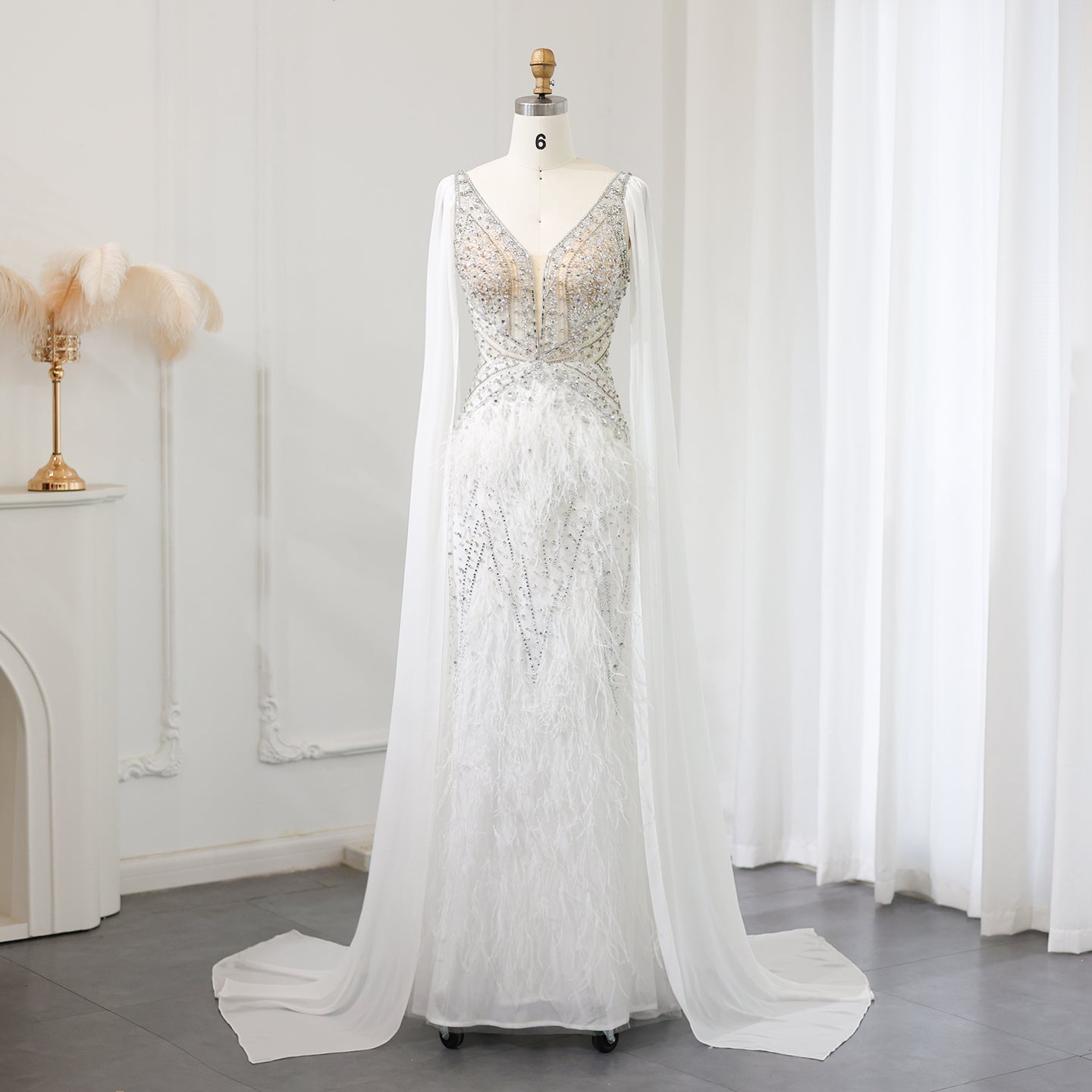 Luxury Feathers Blue Evening Dress with Cape Sleeves SS027  White / US 20