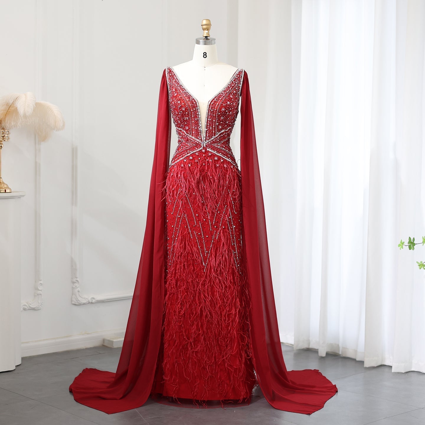 Luxury Feathers Blue Evening Dress with Cape Sleeves SS027  Burgundy / US 20