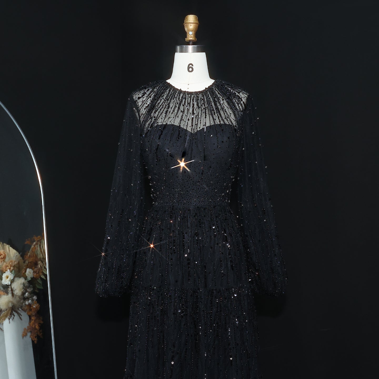 Luxury Beige Ruffles Beaded Long Sleeves Evening Dress SS514