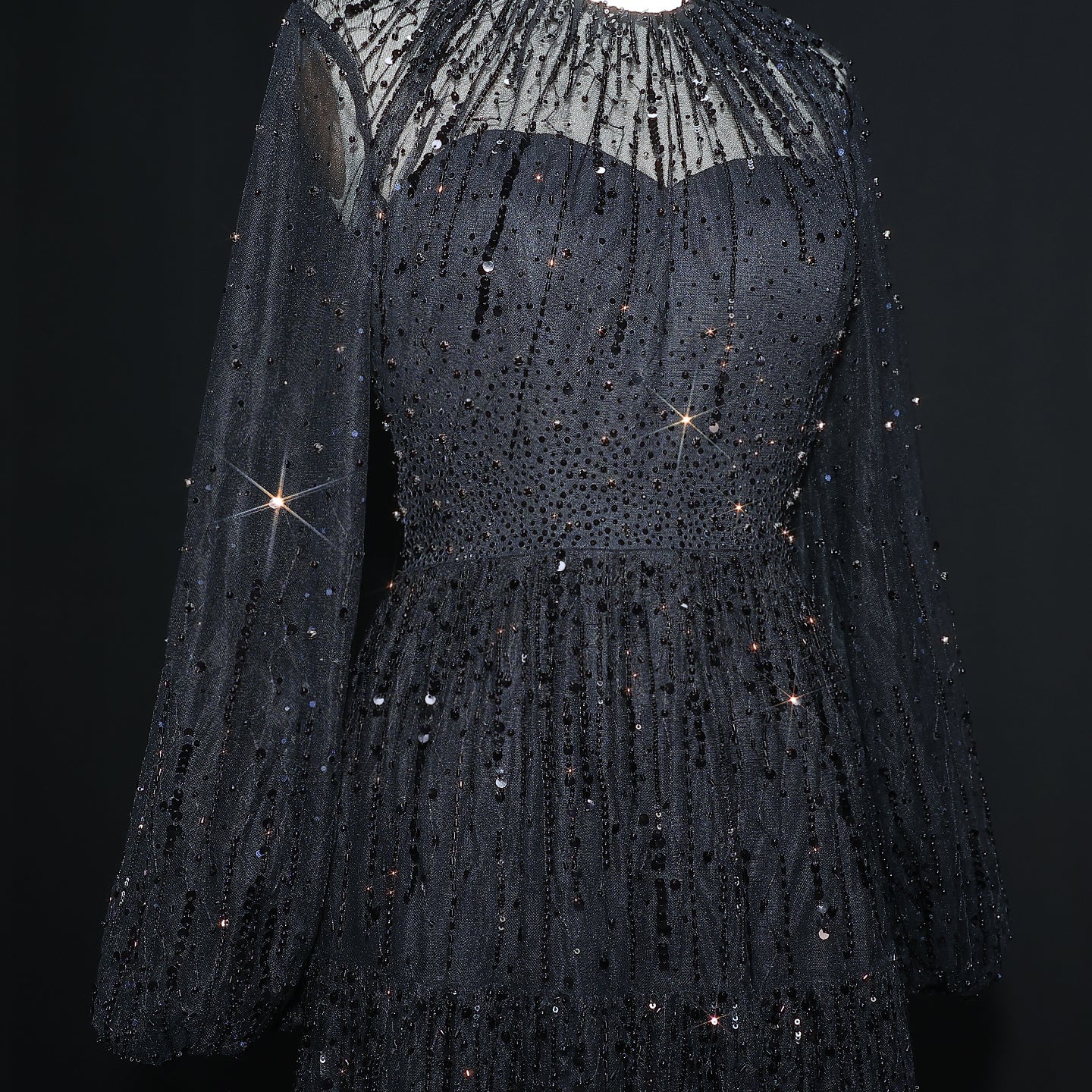 Luxury Beige Ruffles Beaded Long Sleeves Evening Dress SS514