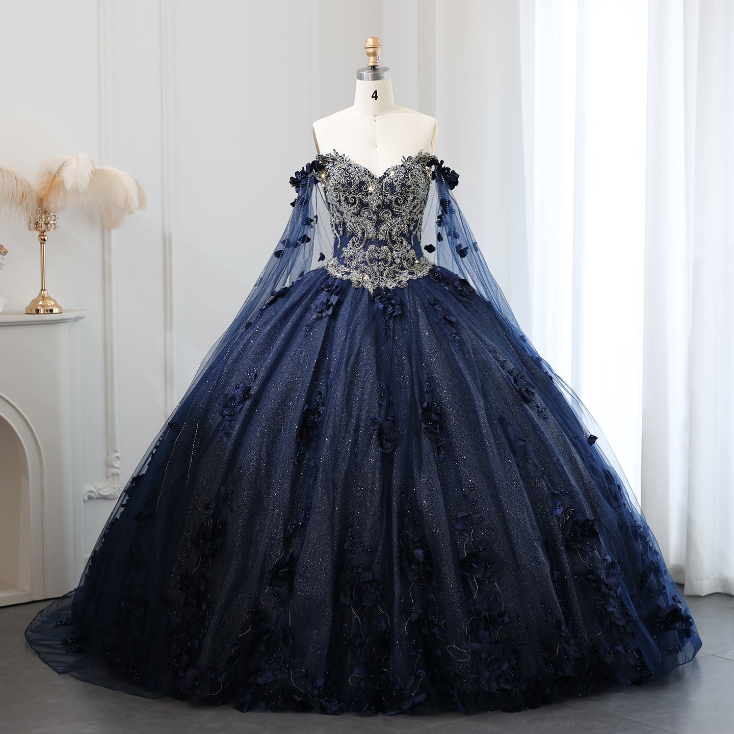 Luxury 3D Flower Emerald Green Ball Gown Prom Dress SS199  Navy Blue / US 16