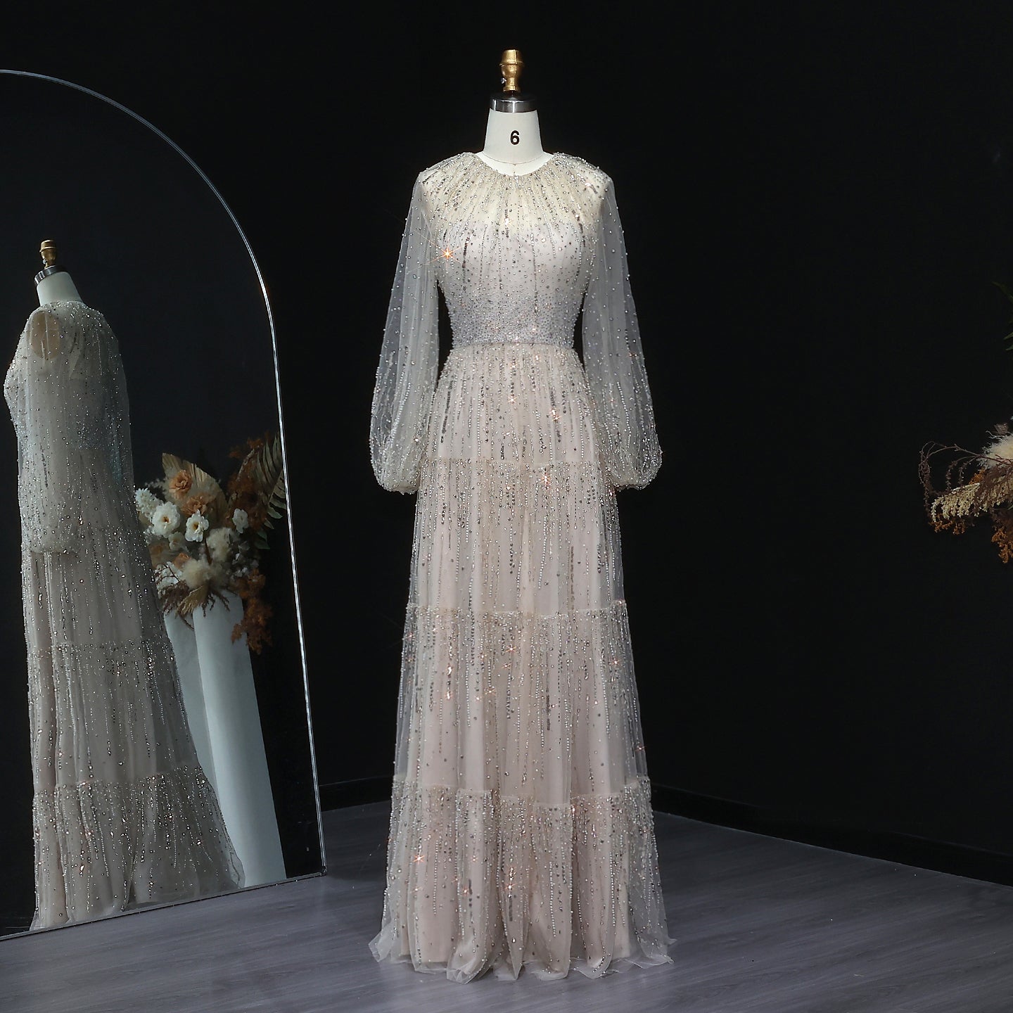 Luxury Beige Ruffles Beaded Long Sleeves Evening Dress SS514