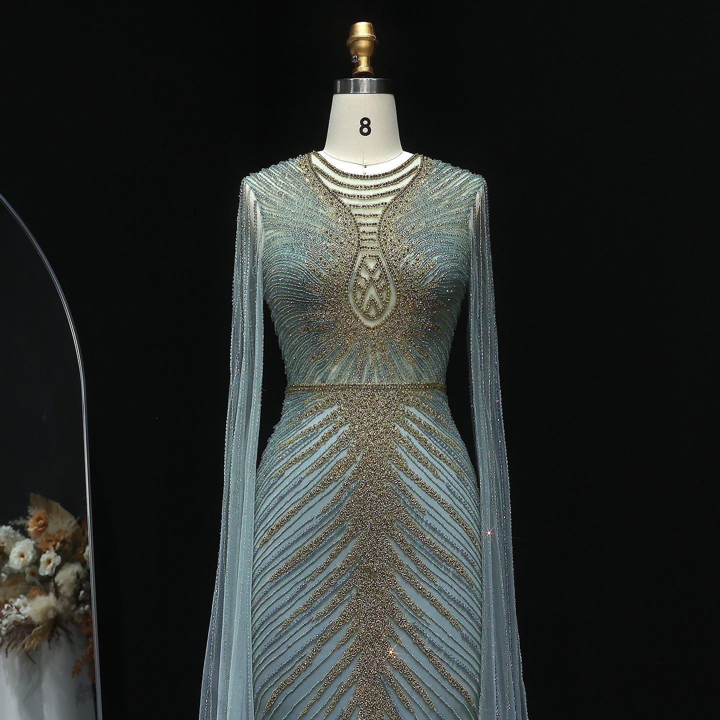Luxury Beaded Turquoise Evening Dress with Cape Sleeves SS028