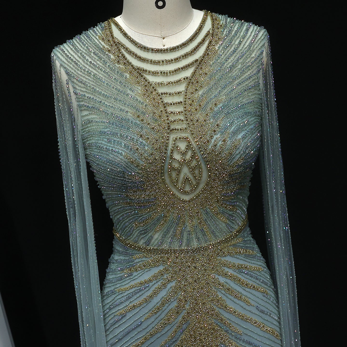 Luxury Beaded Turquoise Evening Dress with Cape Sleeves SS028
