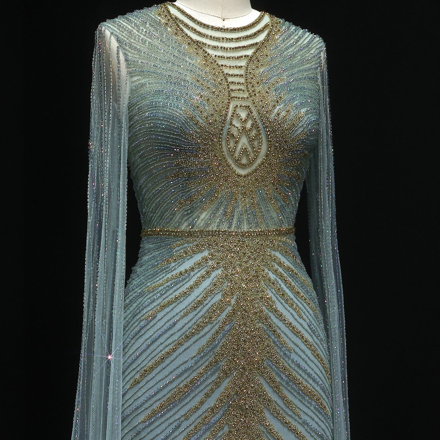 Luxury Beaded Turquoise Evening Dress with Cape Sleeves SS028