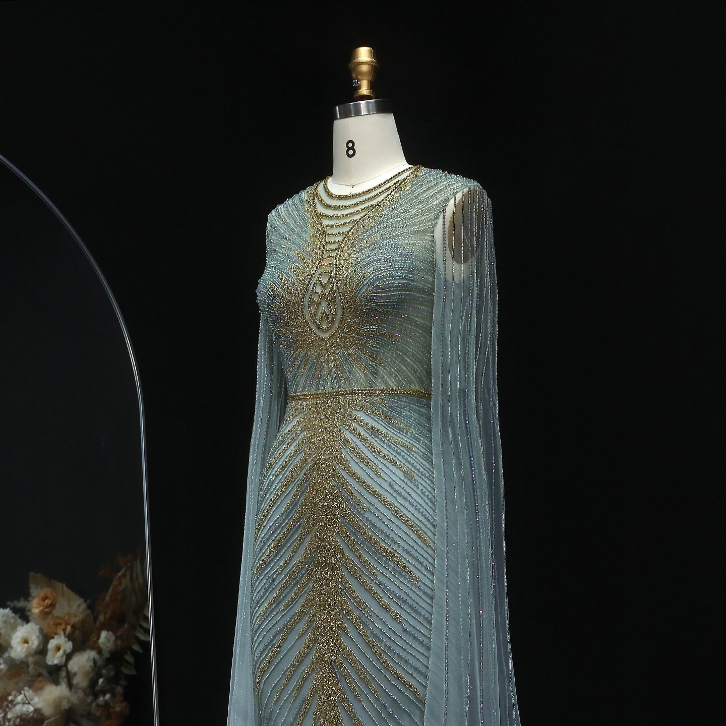 Luxury Beaded Turquoise Evening Dress with Cape Sleeves SS028