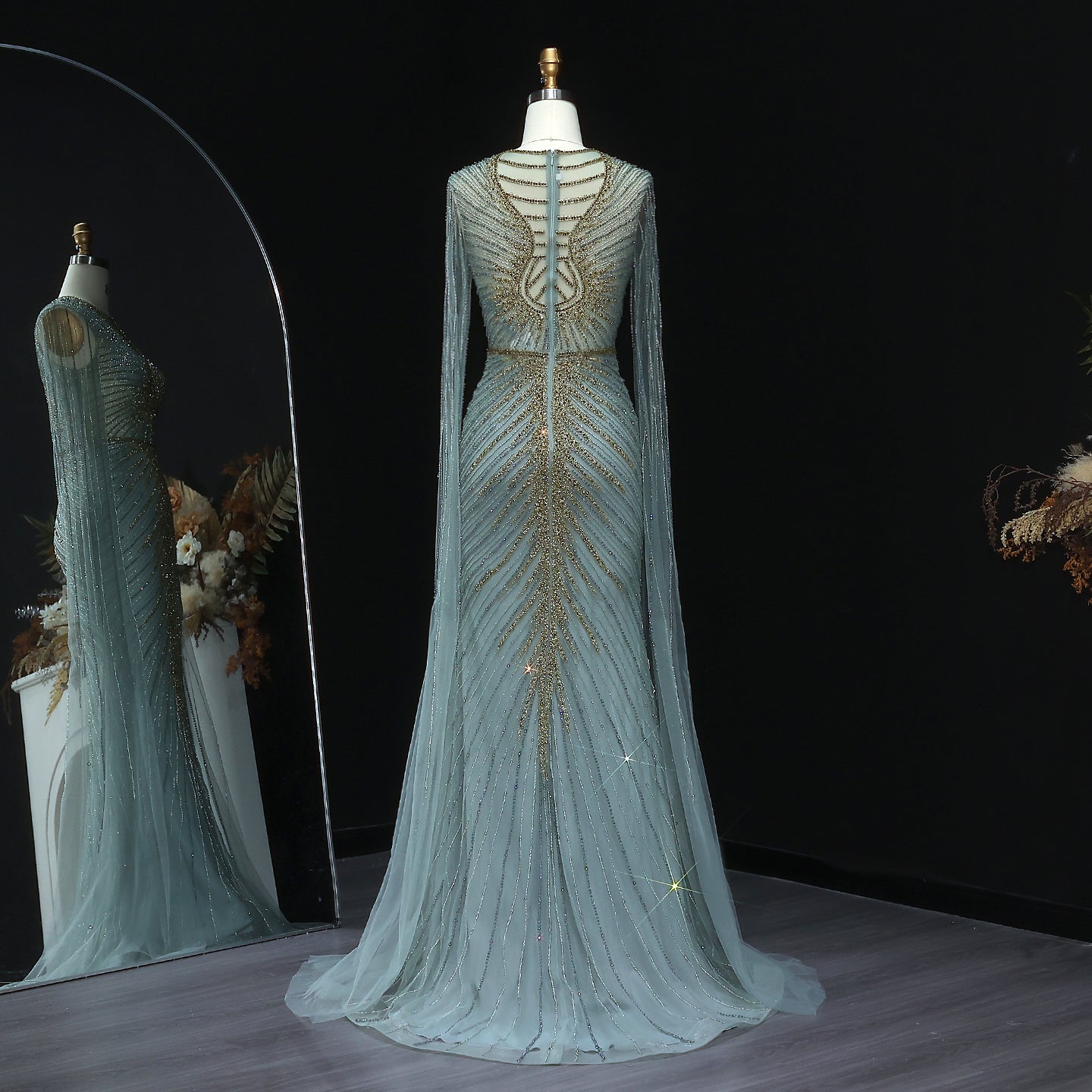 Luxury Beaded Turquoise Evening Dress with Cape Sleeves SS028