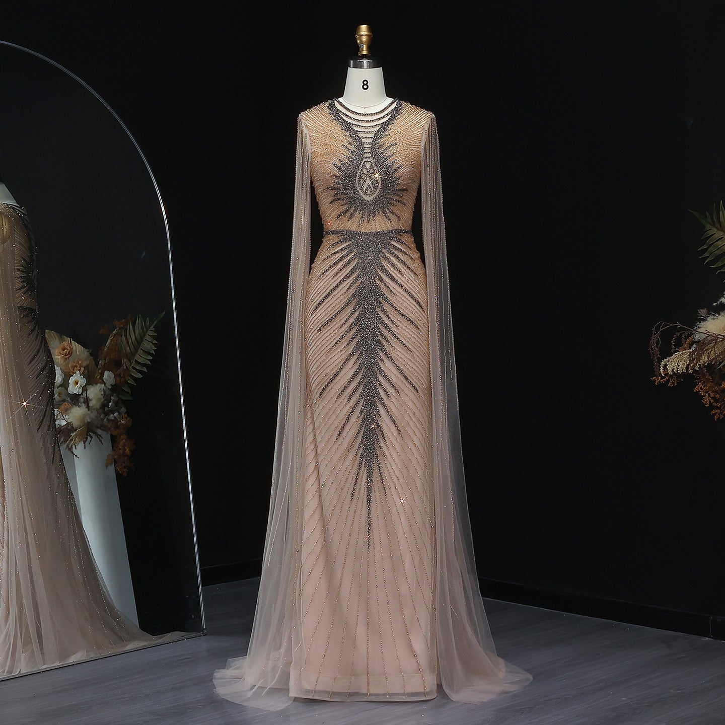 Luxury Beaded Turquoise Evening Dress with Cape Sleeves SS028  Champagne / US 20