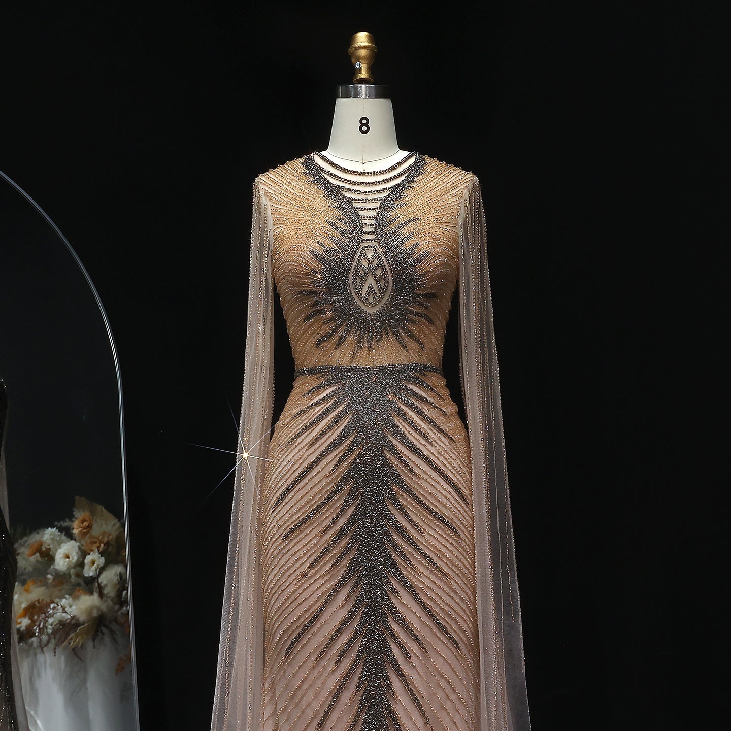 Luxury Beaded Turquoise Evening Dress with Cape Sleeves SS028