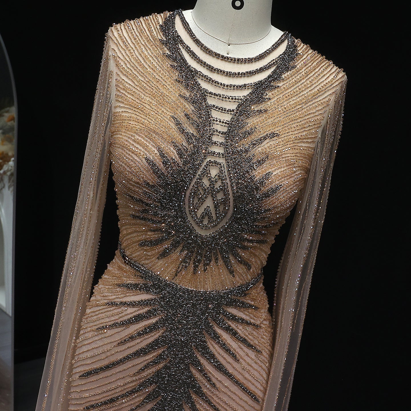 Luxury Beaded Turquoise Evening Dress with Cape Sleeves SS028