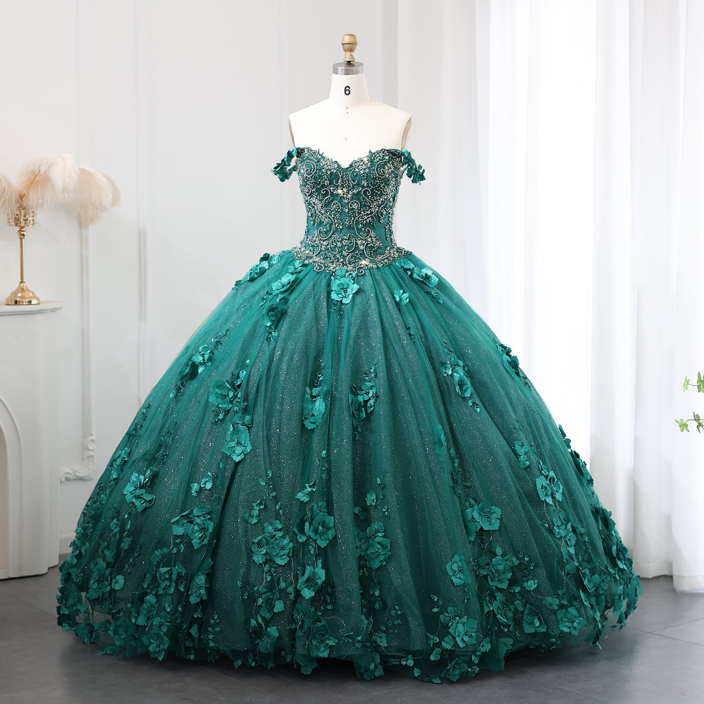 Luxury 3D Flower Emerald Green Ball Gown Prom Dress SS199