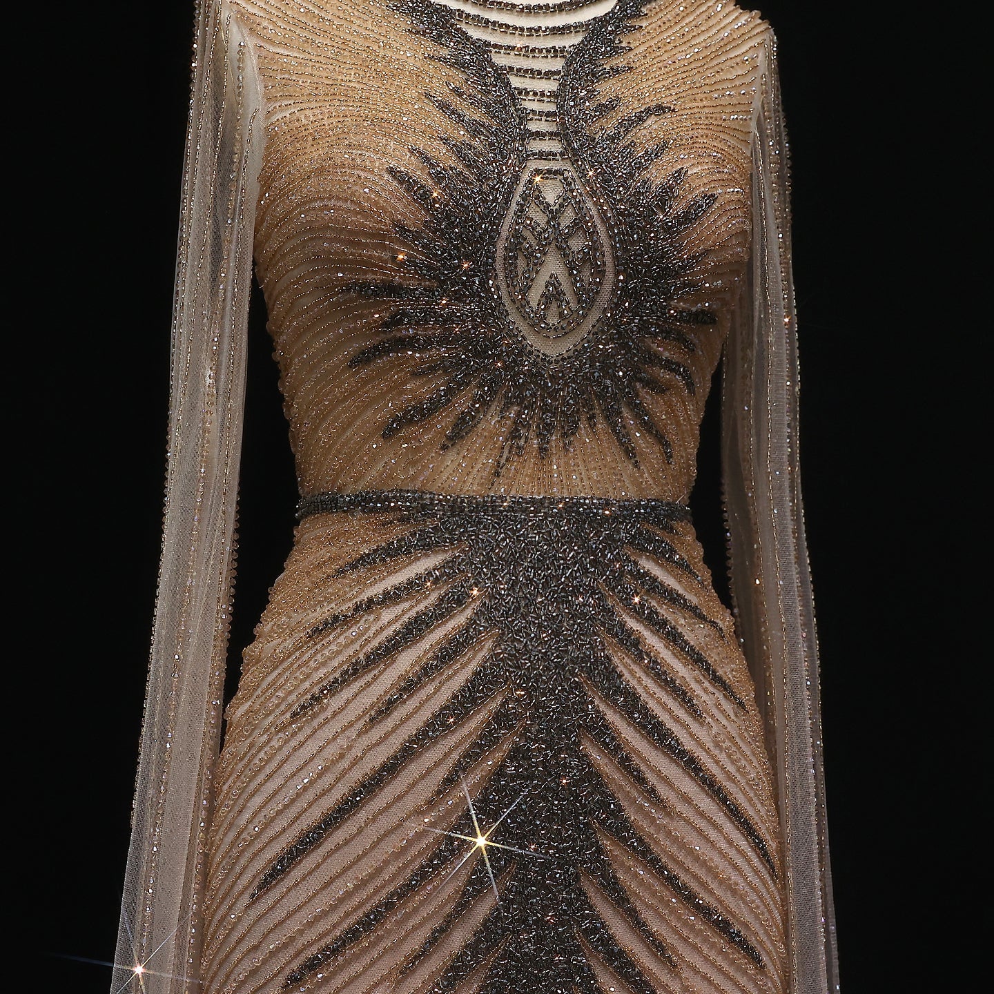 Luxury Beaded Turquoise Evening Dress with Cape Sleeves SS028